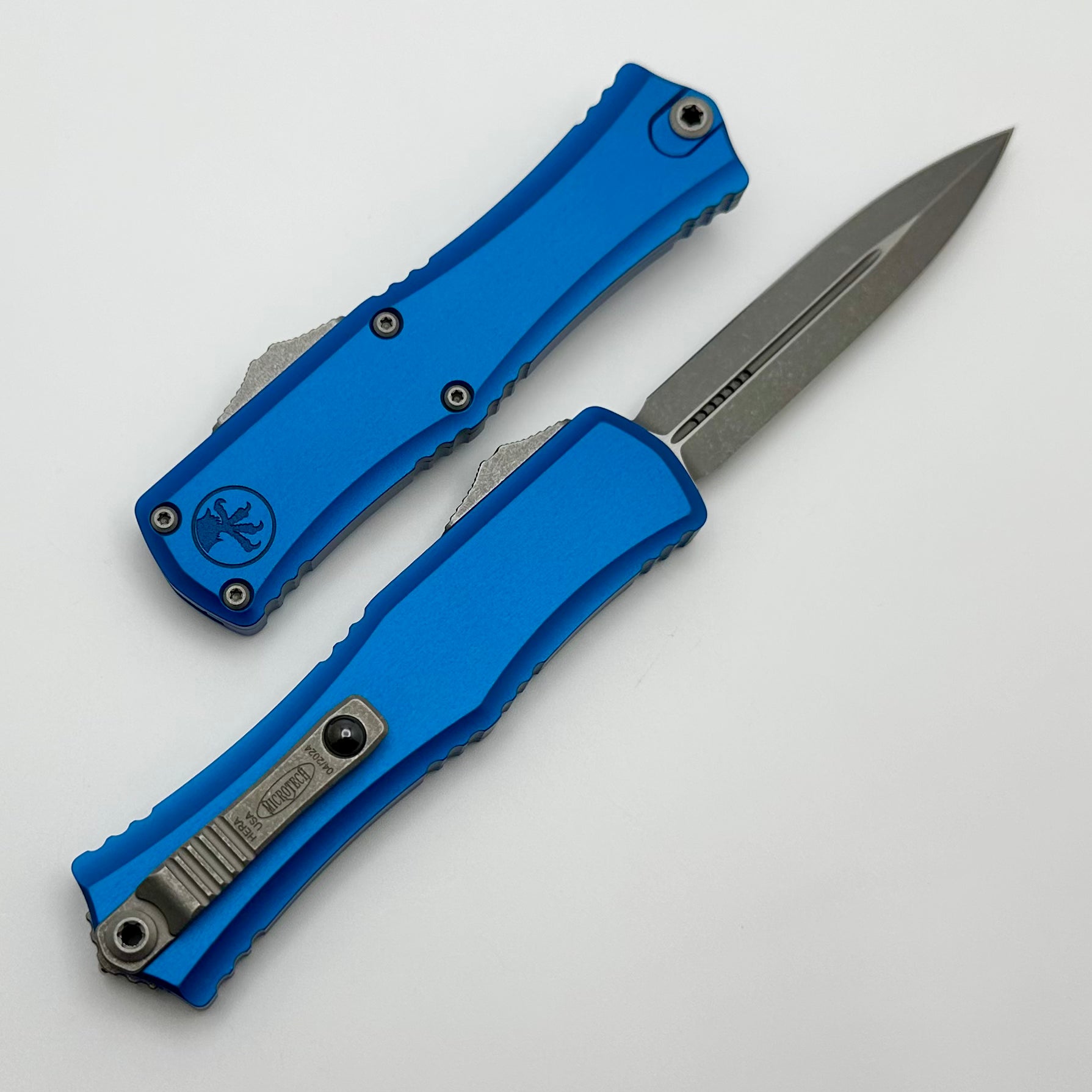 Microtech Mini Hera Apocalyptic OTF Knife - Premium M390MK Blade with Blue Aluminum Handle