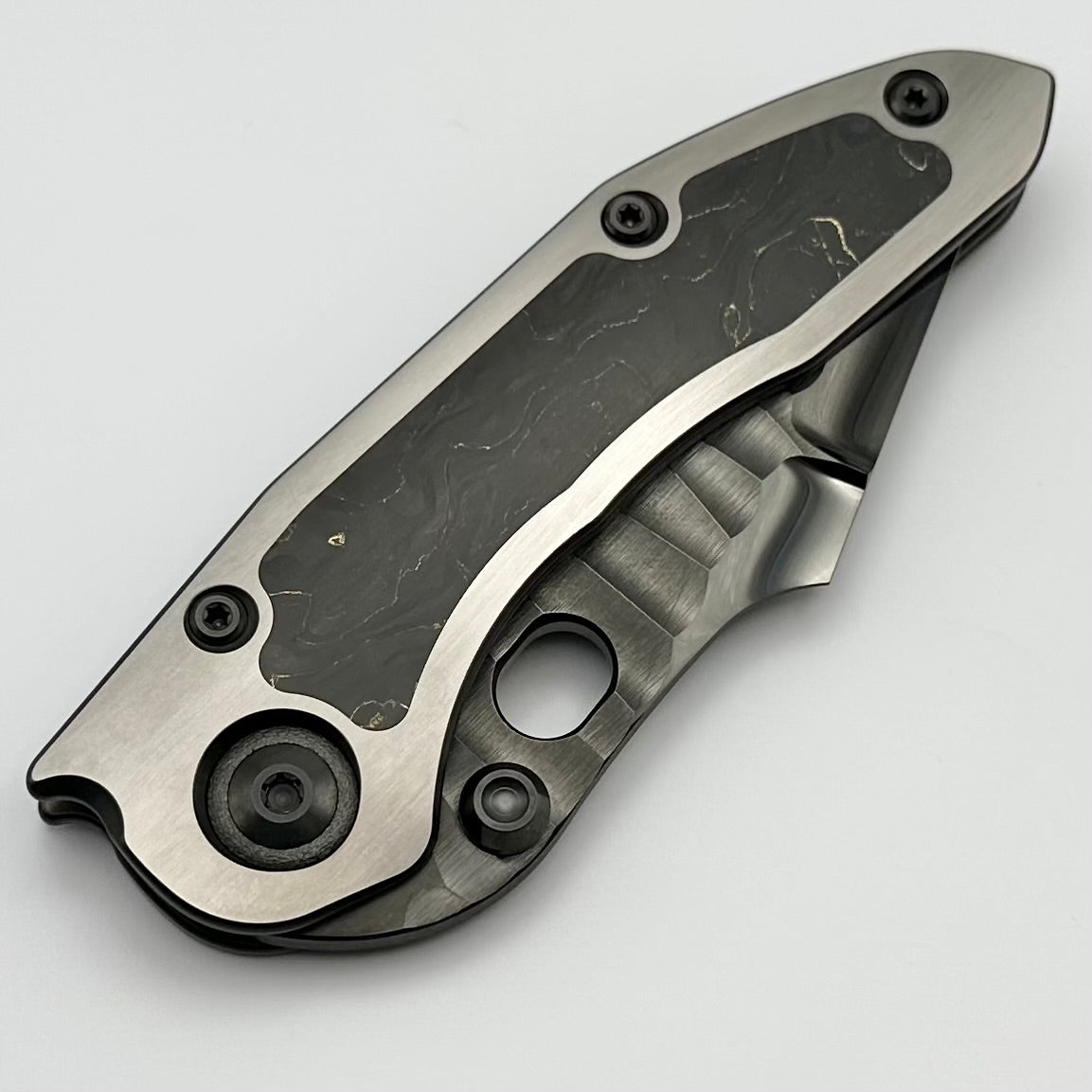 Premium Marfione Custom Knives & Borka Blades Darkstar Stitch - Diamond Wash & Rocked Double Star Grind M390, Two Tone Satin/DLC, Peso Gold Carbon Fiber Inlaid Titanium (Pre-Owned)
