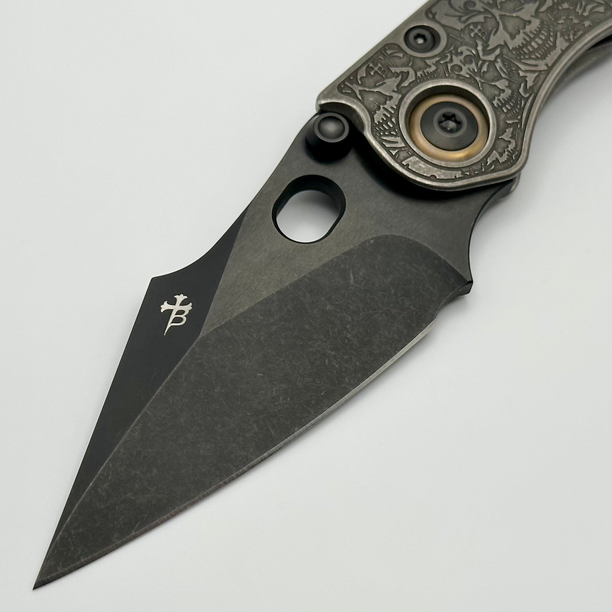 Borka Blades & Ti2 Design Skulls Stitch Knife - Premium M390 Steel with Bronze Pivot Collars & DLC Finish