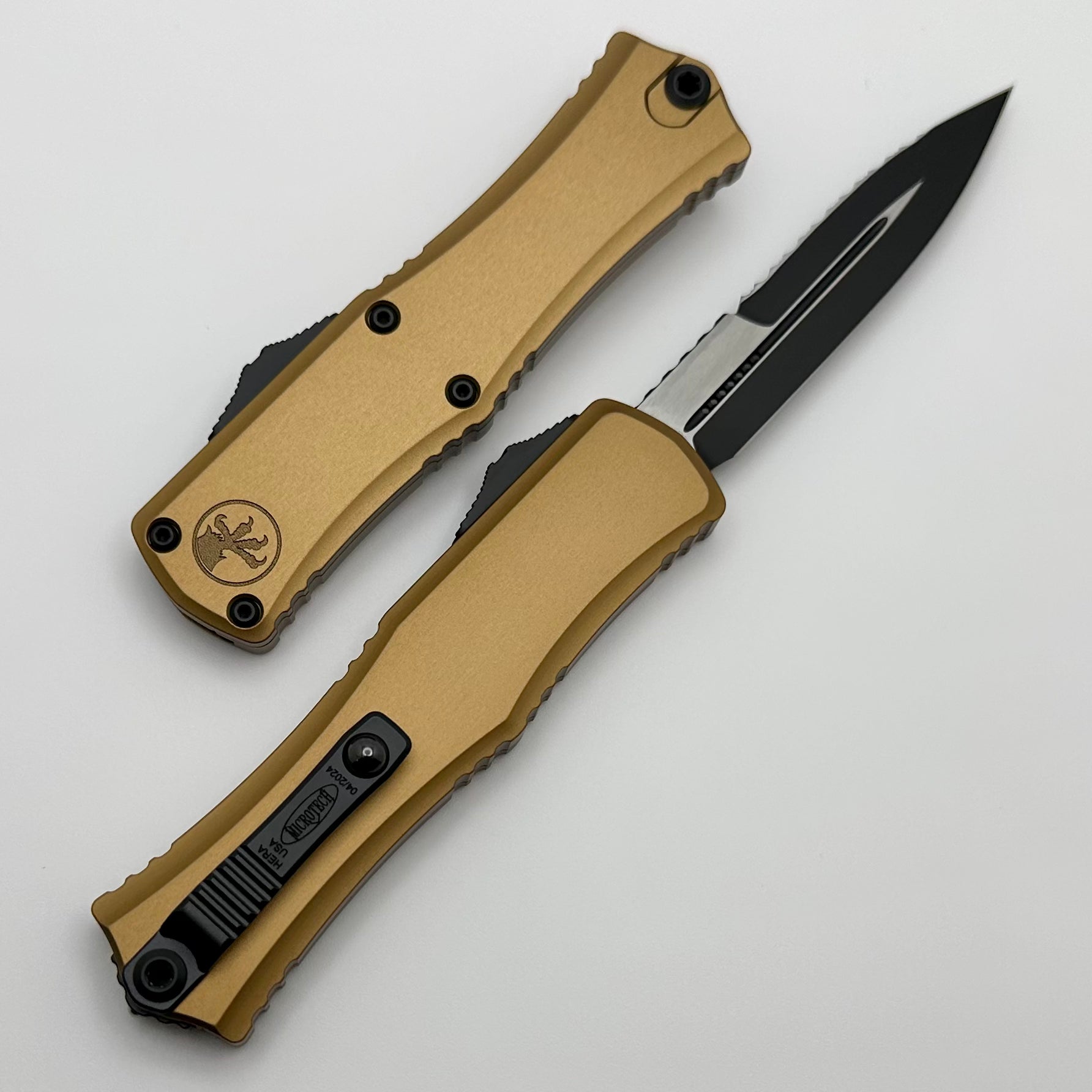 Microtech Premium Mini Hera Tan OTF Knife - Full Serrated Bayonet, M390MK Steel