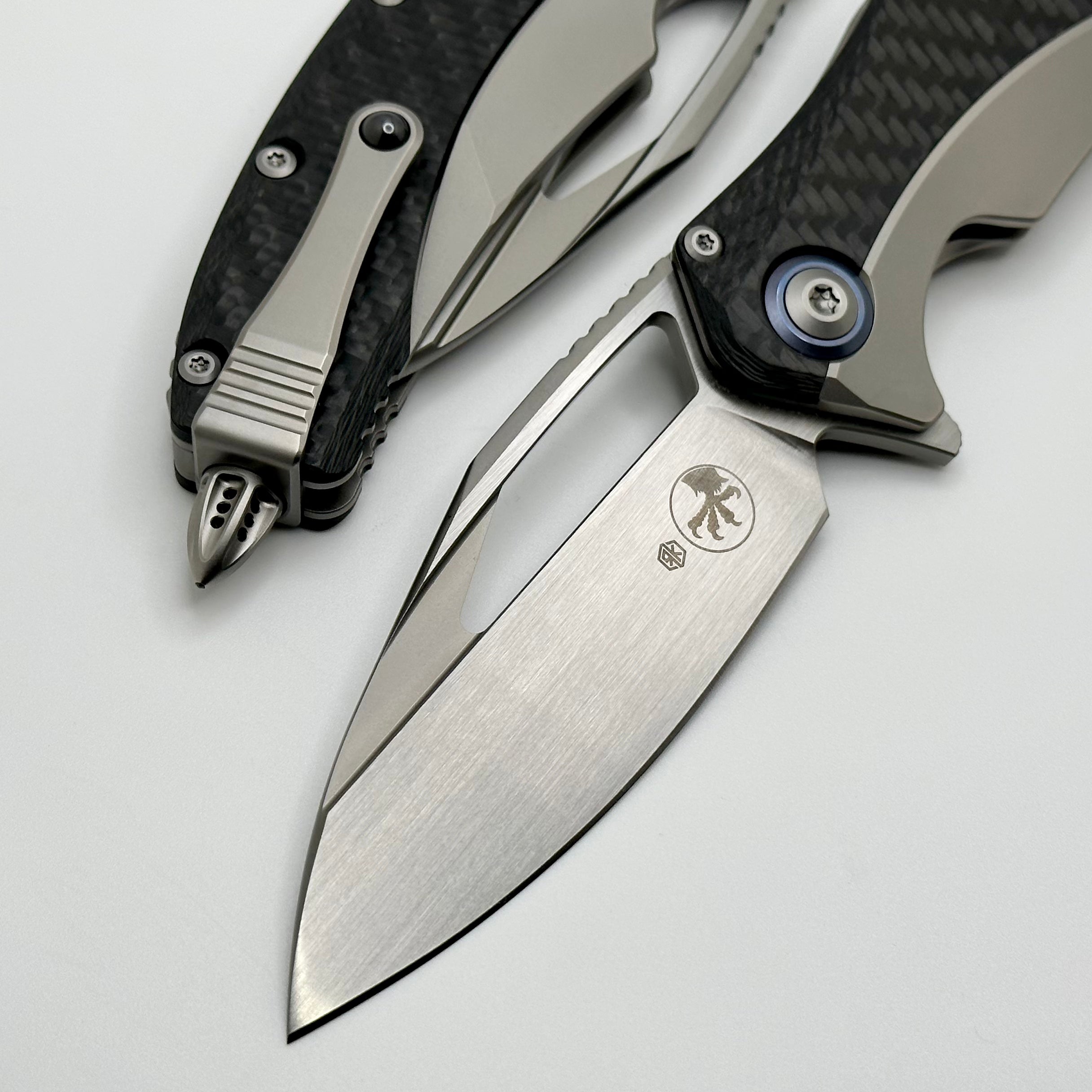 Premium Microtech Matrix Titanium Knife w/ Carbon Fiber Scales & Blue Ti Pivot Collars - Ultimate EDC Tool