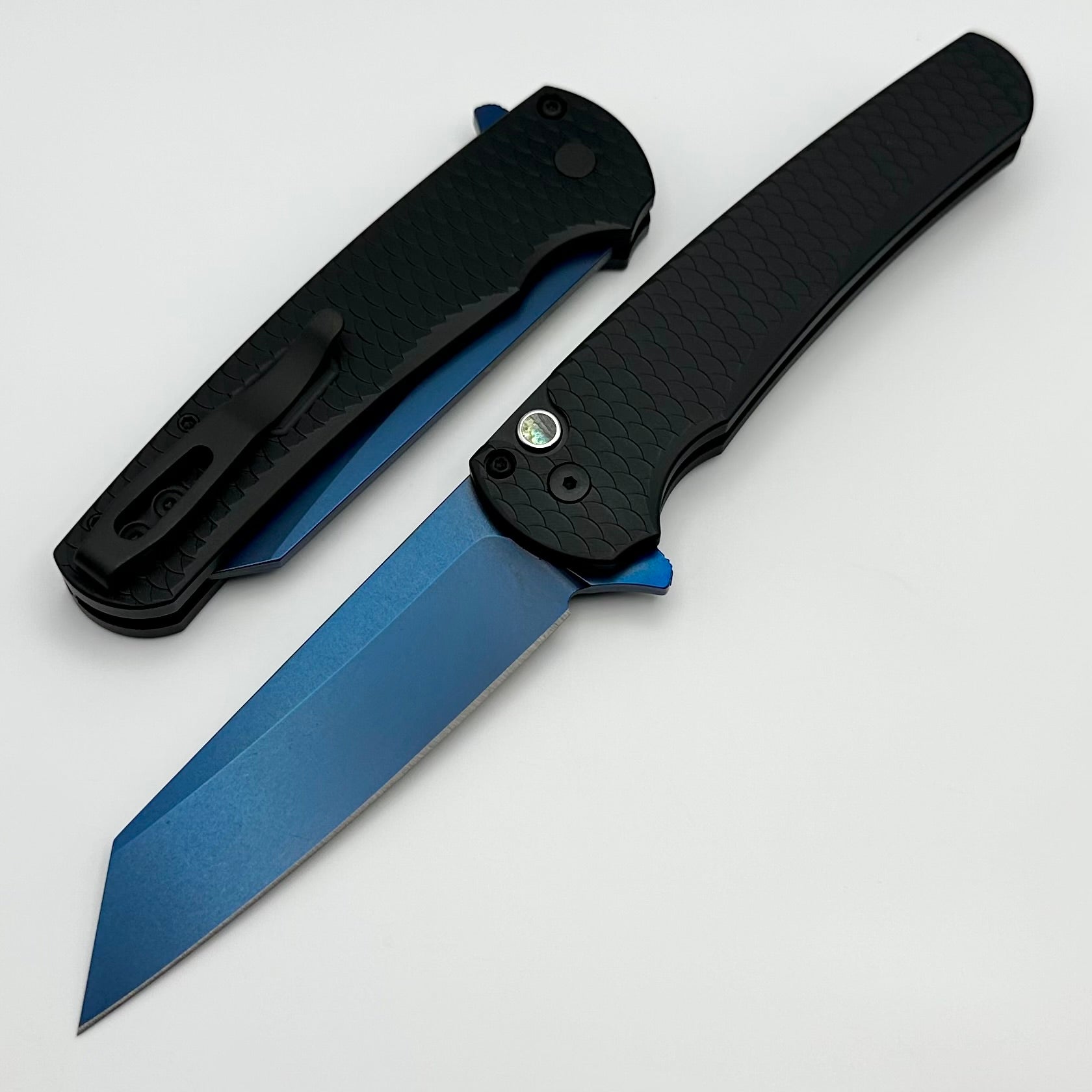 Pro-Tech Malibu Ultimate EDC Knife - Black Aluminum Dragon Scale Handle & Sapphire Blue 20CV Reverse Tanto