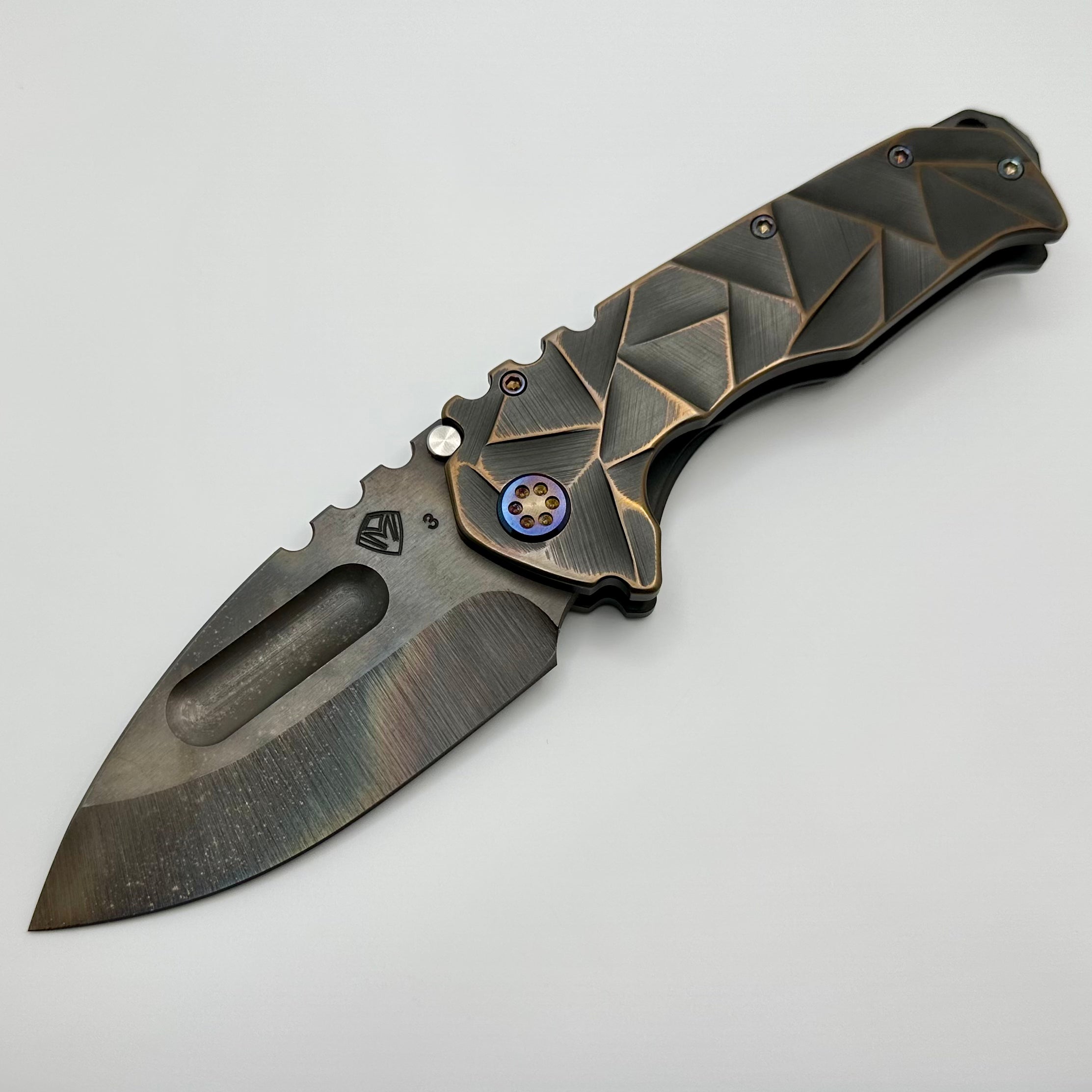 Medford Knife Praetorian TI 3V Vulcan Drop Point - Premium Tactical Folding Knife with Black/CuRose Stained Glass Design & Flamed Hardware