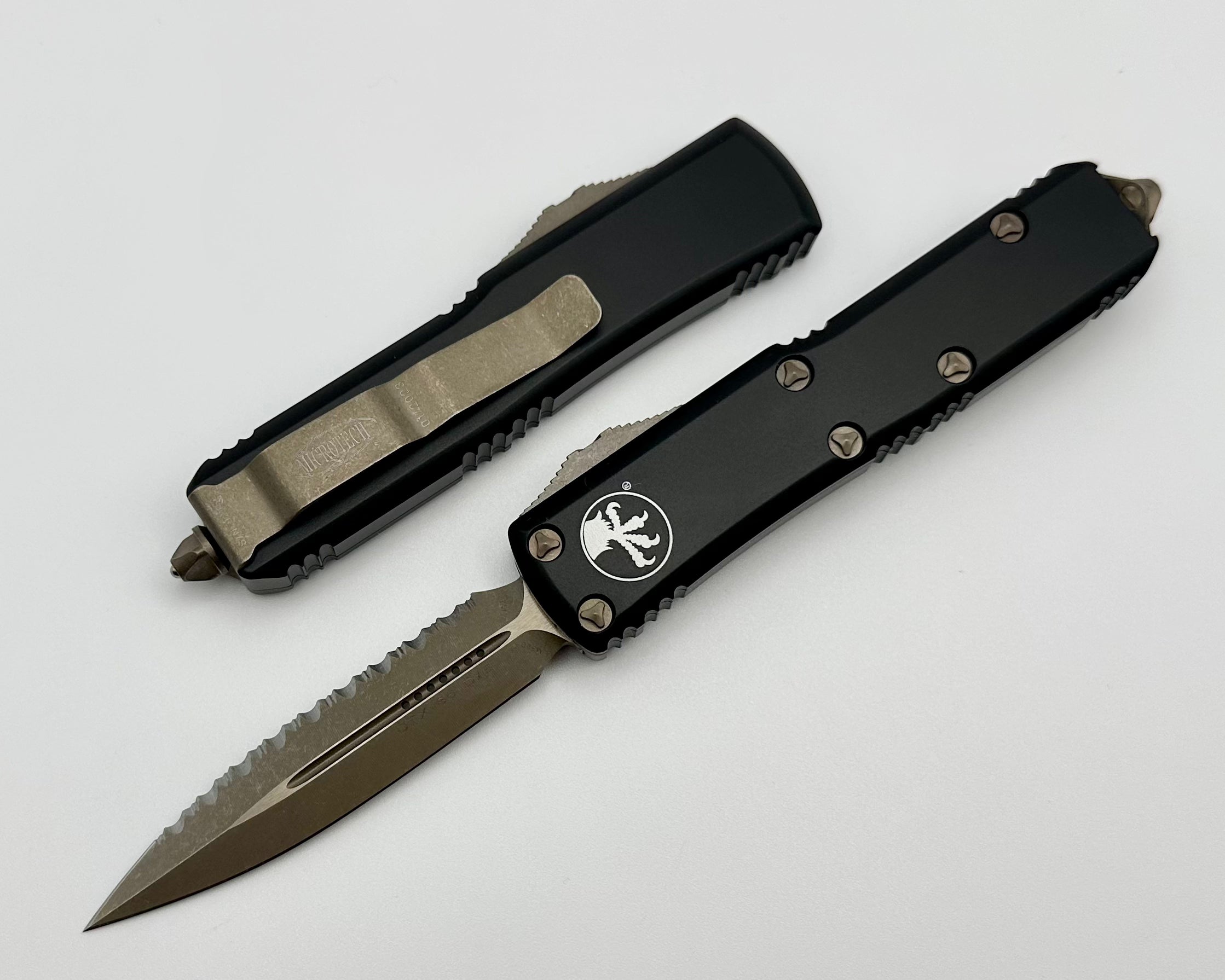 Microtech UTX-85 Double Edge Serrated Bronze Apocalyptic EDC Knife