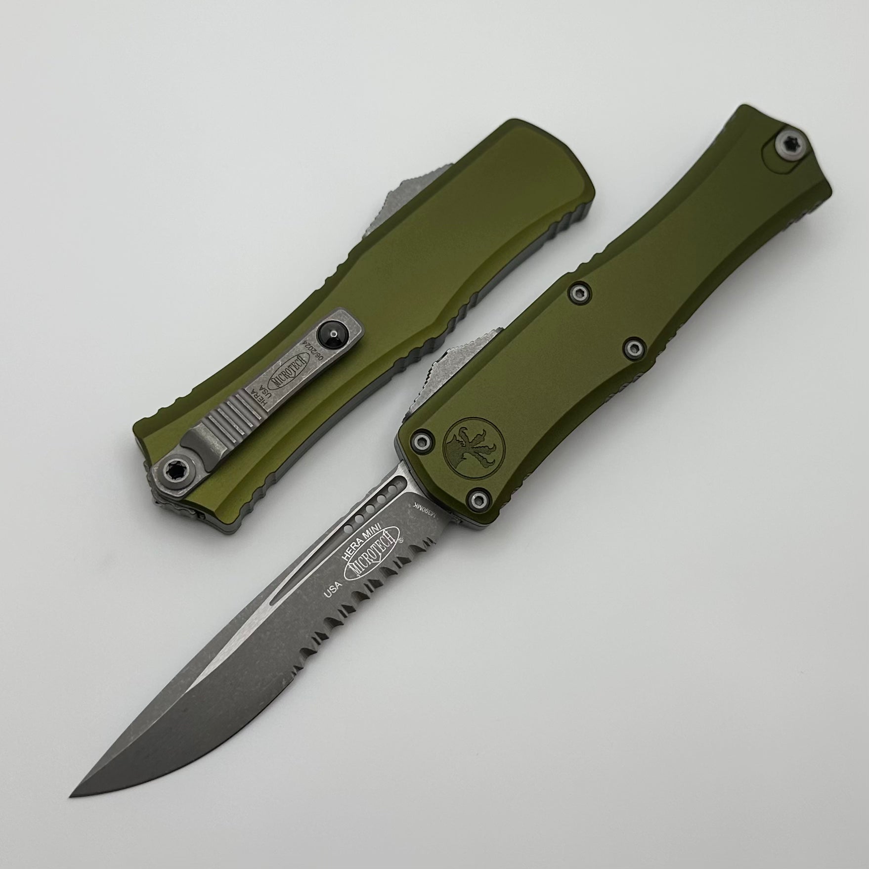 Microtech Hera II Mini Apocalyptic Serrated EDC Knife - Premium M390MK Blade, OD Green Handle