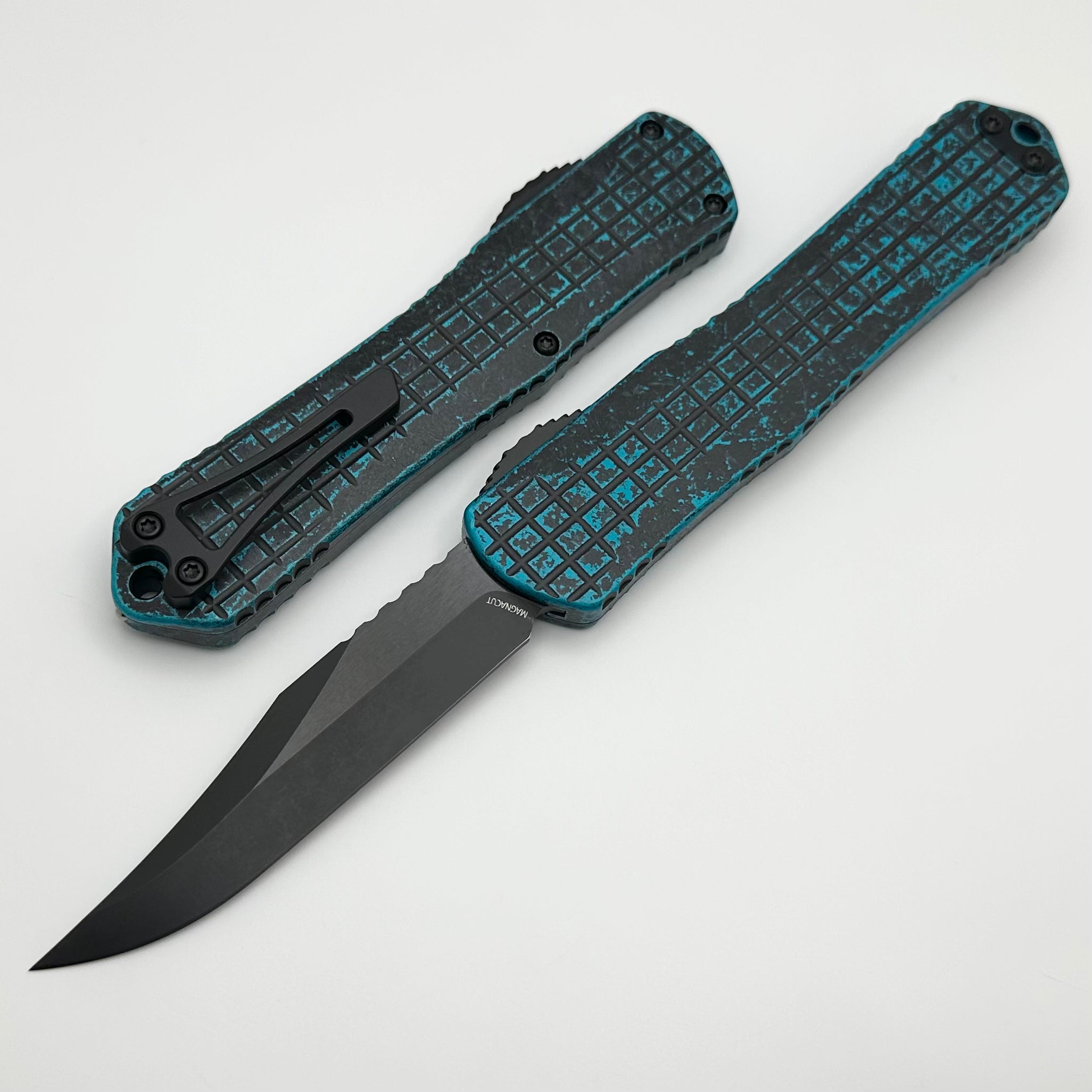 Heretic Knives Manticore X Ultimate Tactical OTF Knife - Turquoise Grenade Frag Handle & DLC Bowie MagnaCut