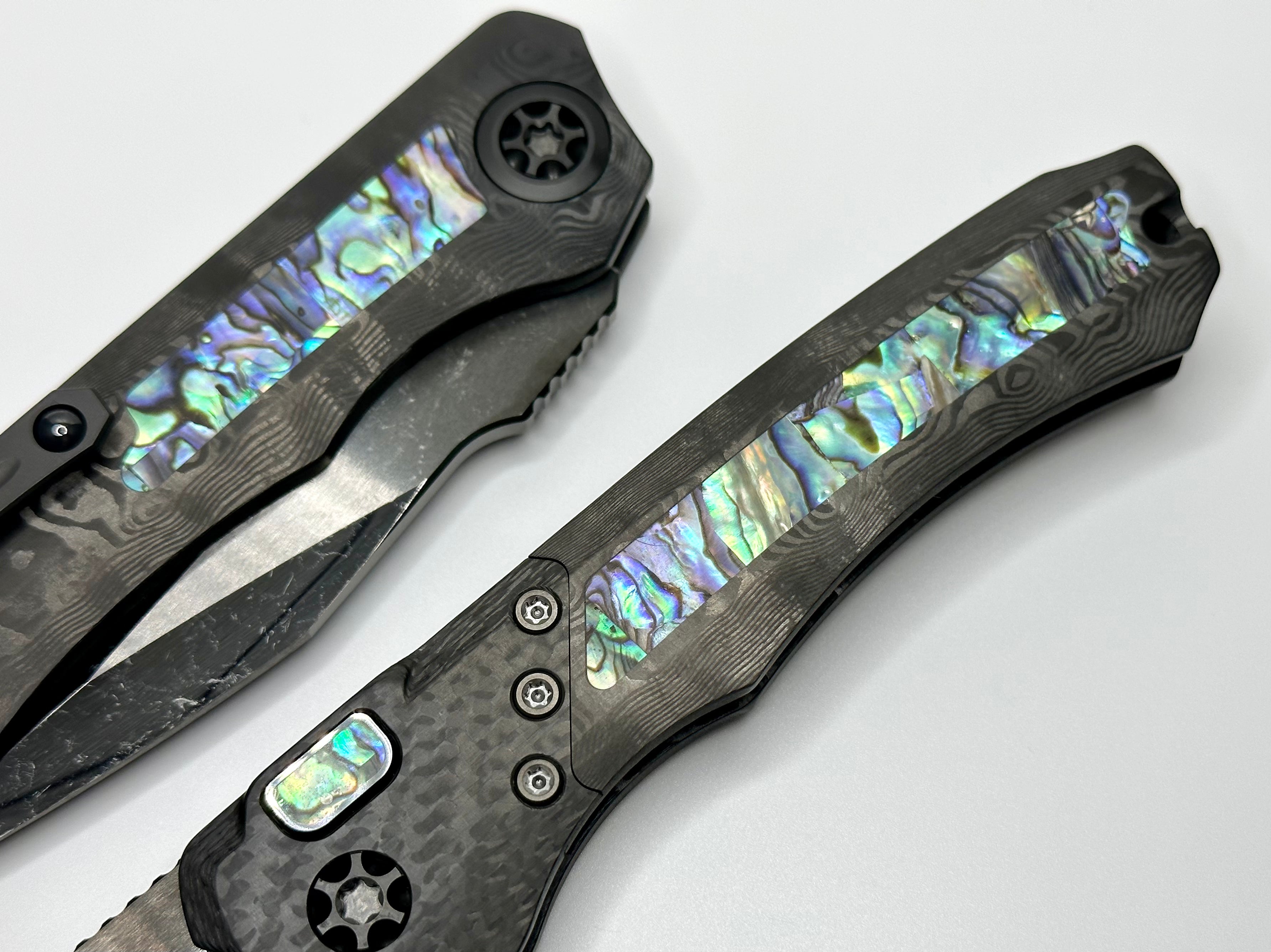 Premium Heretic Knives Wraith Auto with Black Dunes Fat Carbon & Abalone Inlays - Ultimate EDC Knife