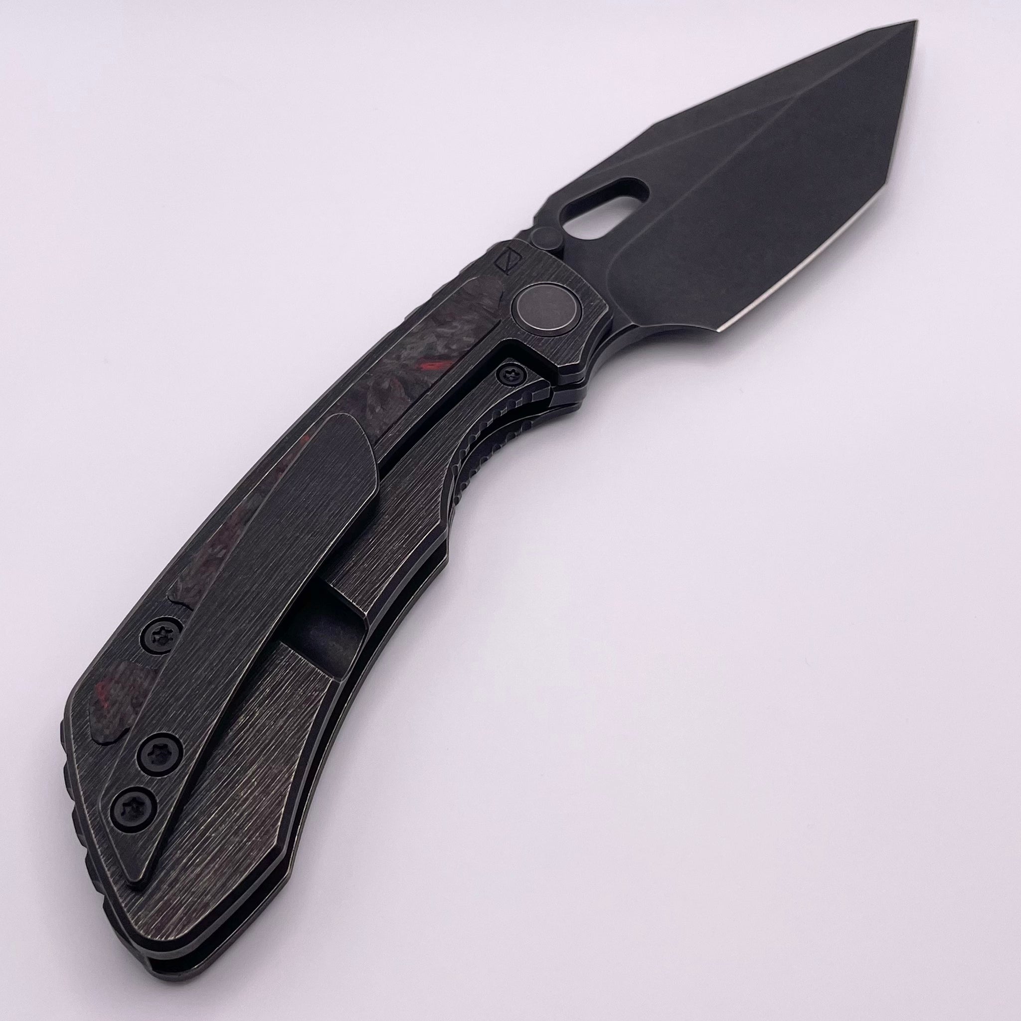 Premium PRE-OWNED Custom Knife Factory Rotten Design Evo T - Carbon Fiber & Titanium Handles with Blackwash S90V Blade