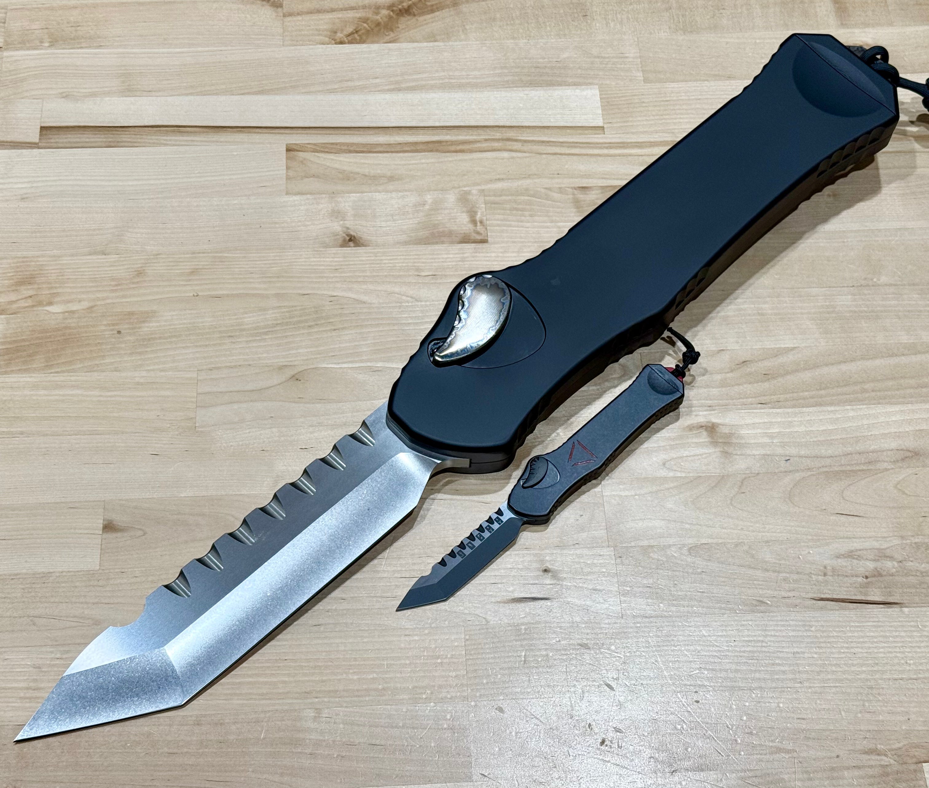 Heretic Giant Hydra 3X Premium Tactical Knife - Custom Black Aluminum Handle & Stonewash Tanto M390 Blade