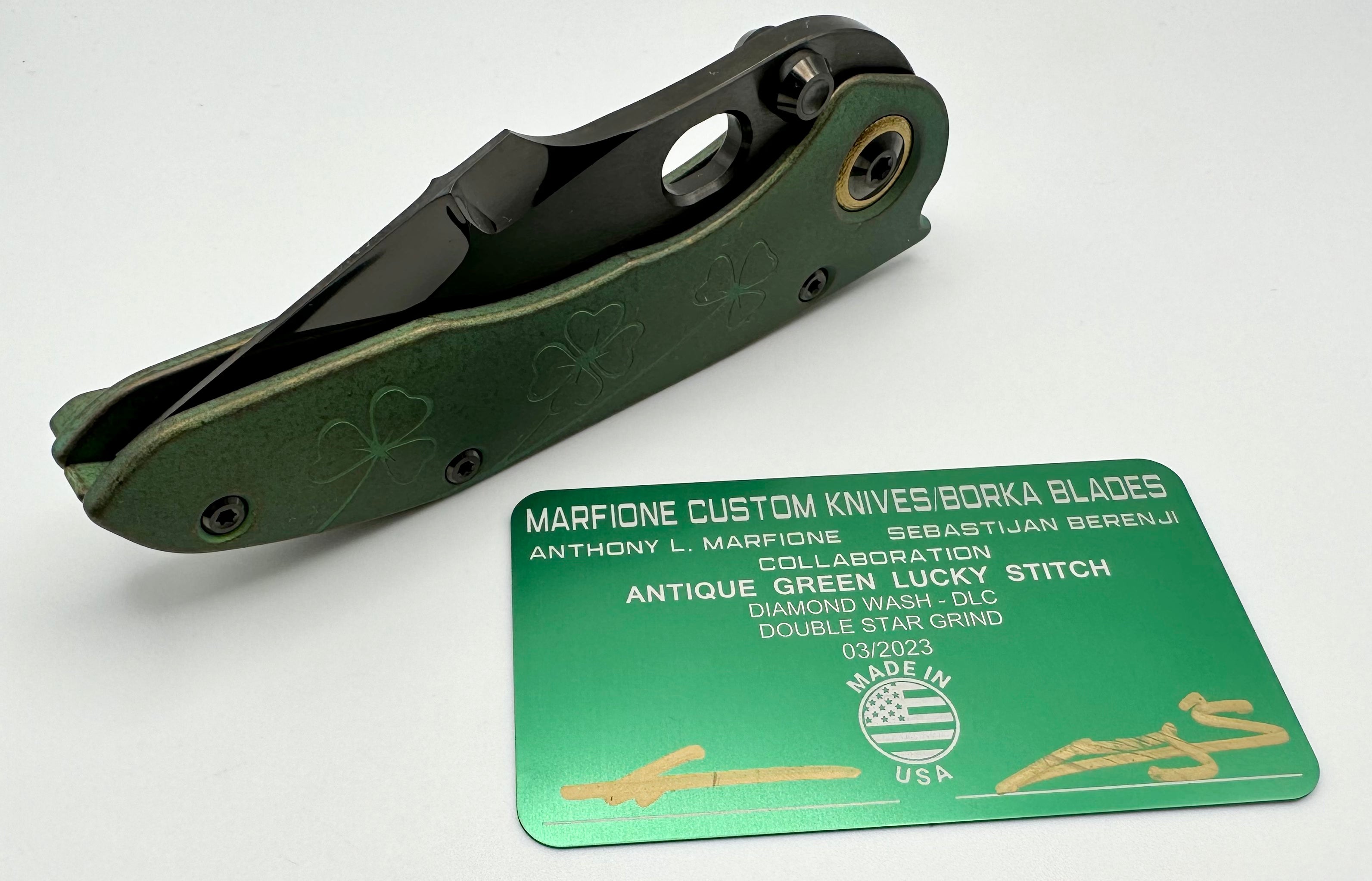 Premium Marfione Custom Knives & Borka Blades Antique Green Lucky Stitch - Limited Edition M390 Blade