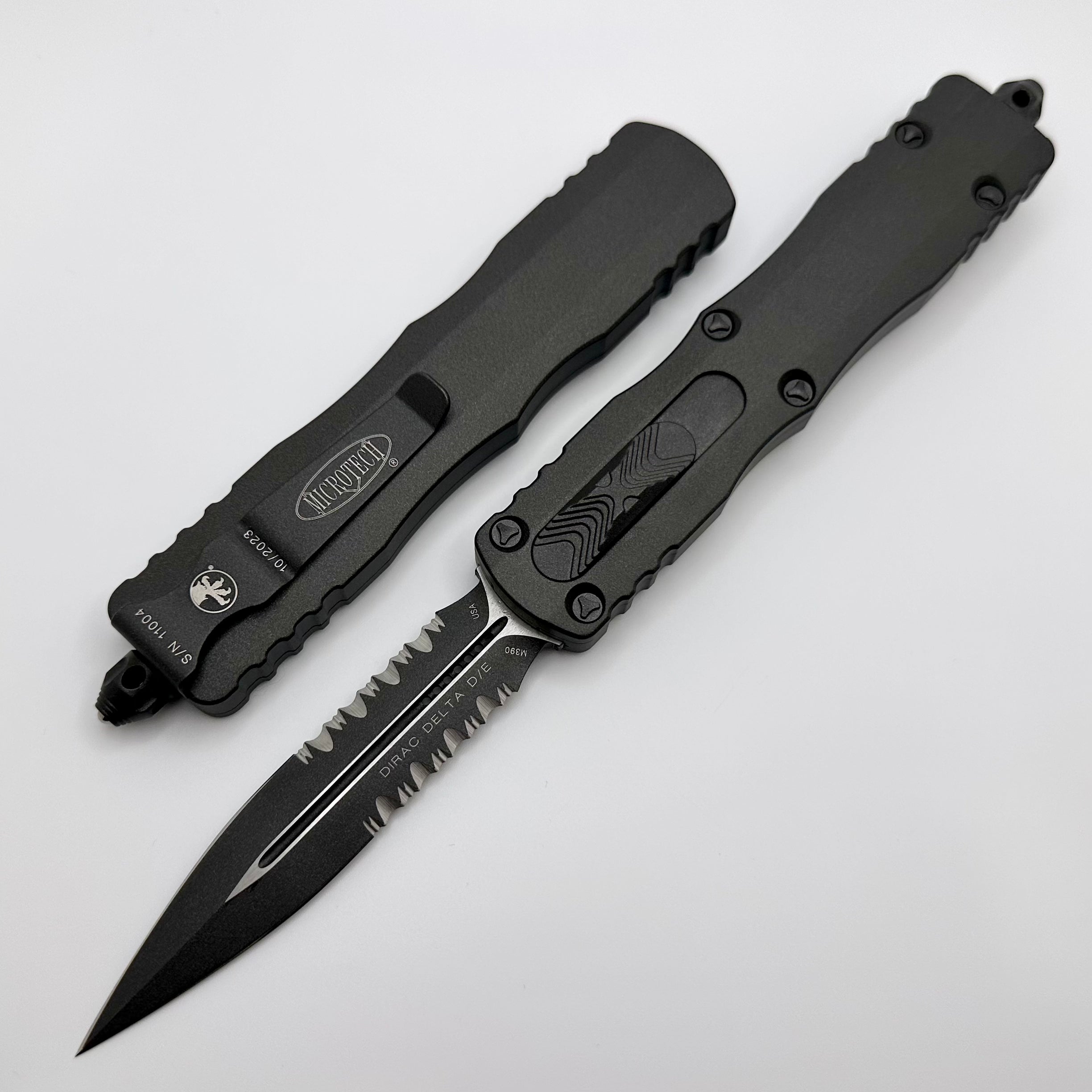 Microtech Dirac Delta Premium OTF Knife - Double Edge, Partial Serrated, Dark Tungsten Cerakote