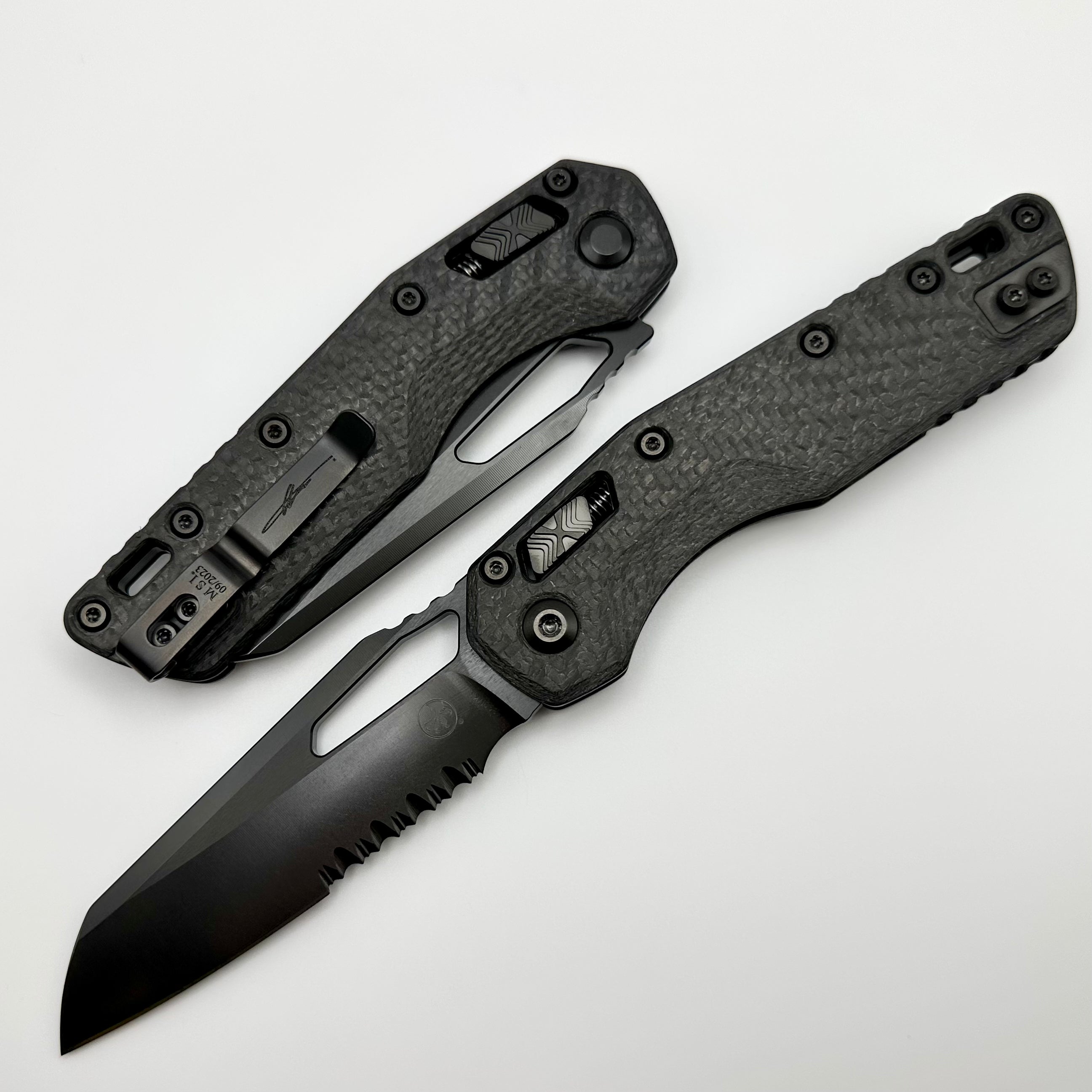 Microtech MSI RAM LOK Carbon Fiber Folding Knife - Premium M390MK Blade, Partial Serrated, DLC Coated