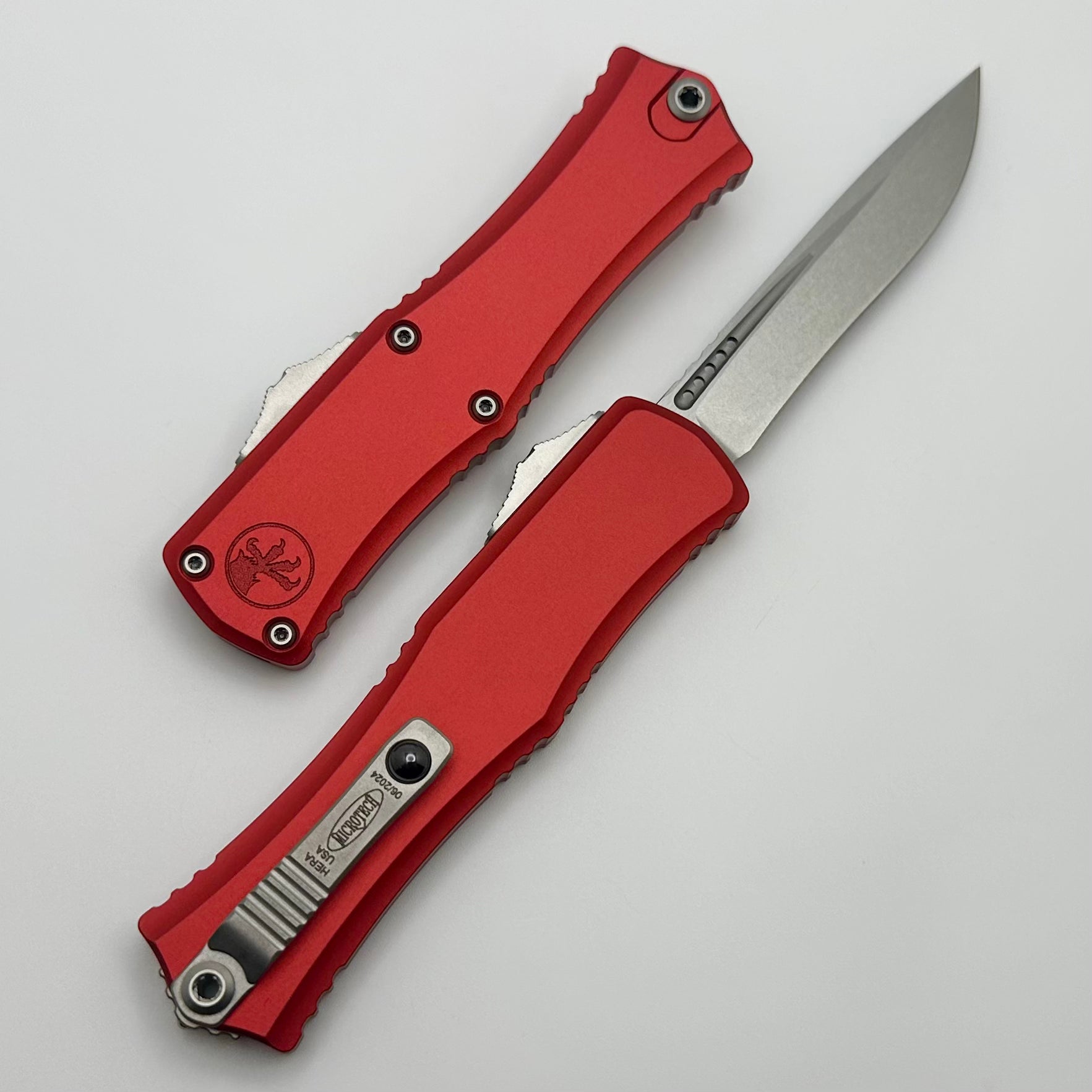 Microtech Premium Mini Hera Stonewash EDC Knife - Red Aluminum Handle