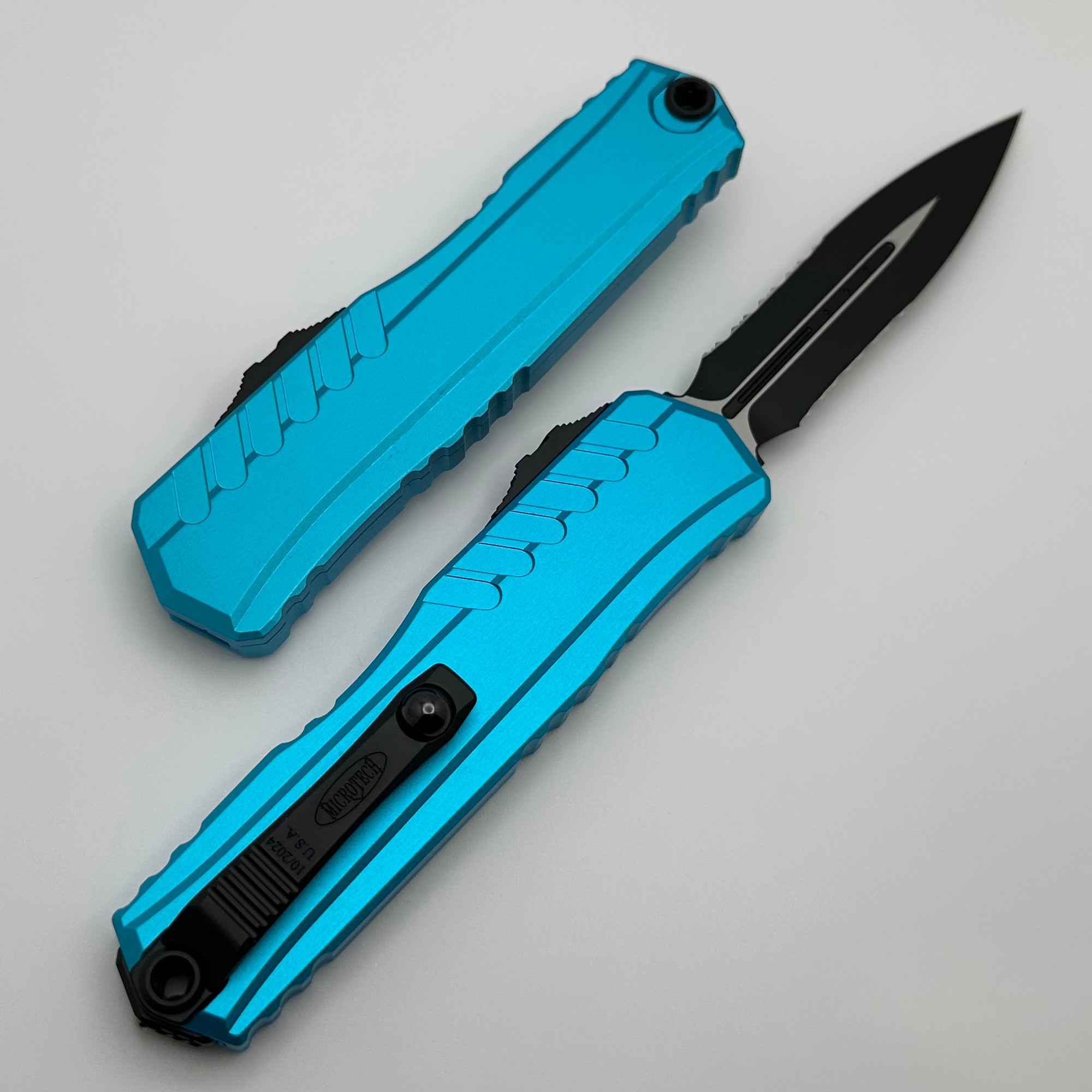 Microtech Cypher II Ultimate Tactical Knife - Black Partial Serrated with Turquoise Handle