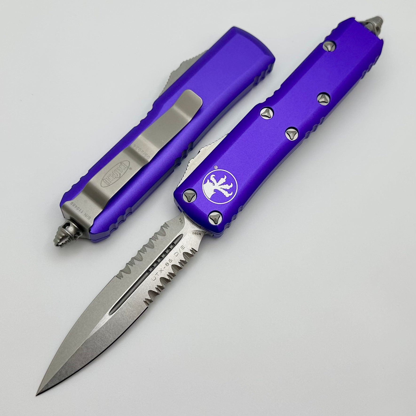 Microtech UTX-85 Premium EDC Knife - Double Edge, Stonewash Finish, Purple Handle