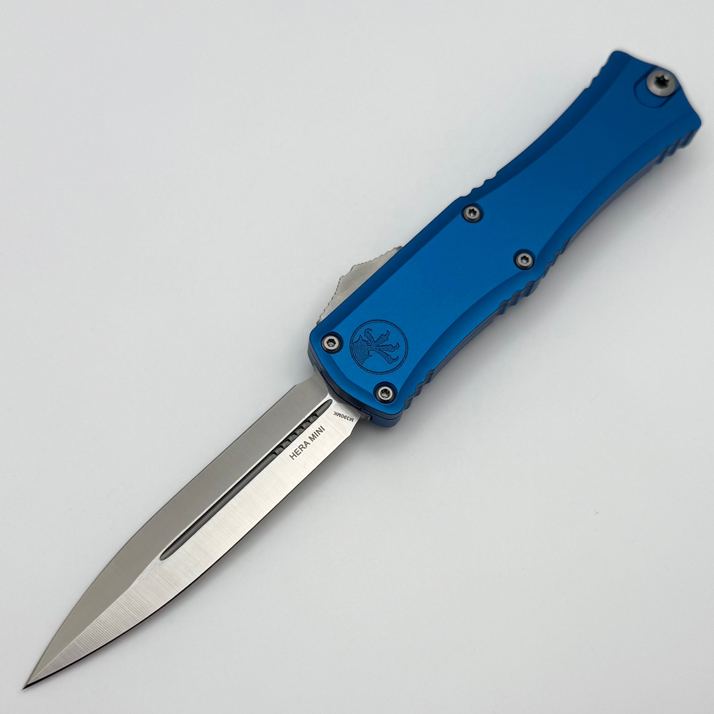 Premium Microtech Mini Hera Satin Double Edge Knife with Blue Handle