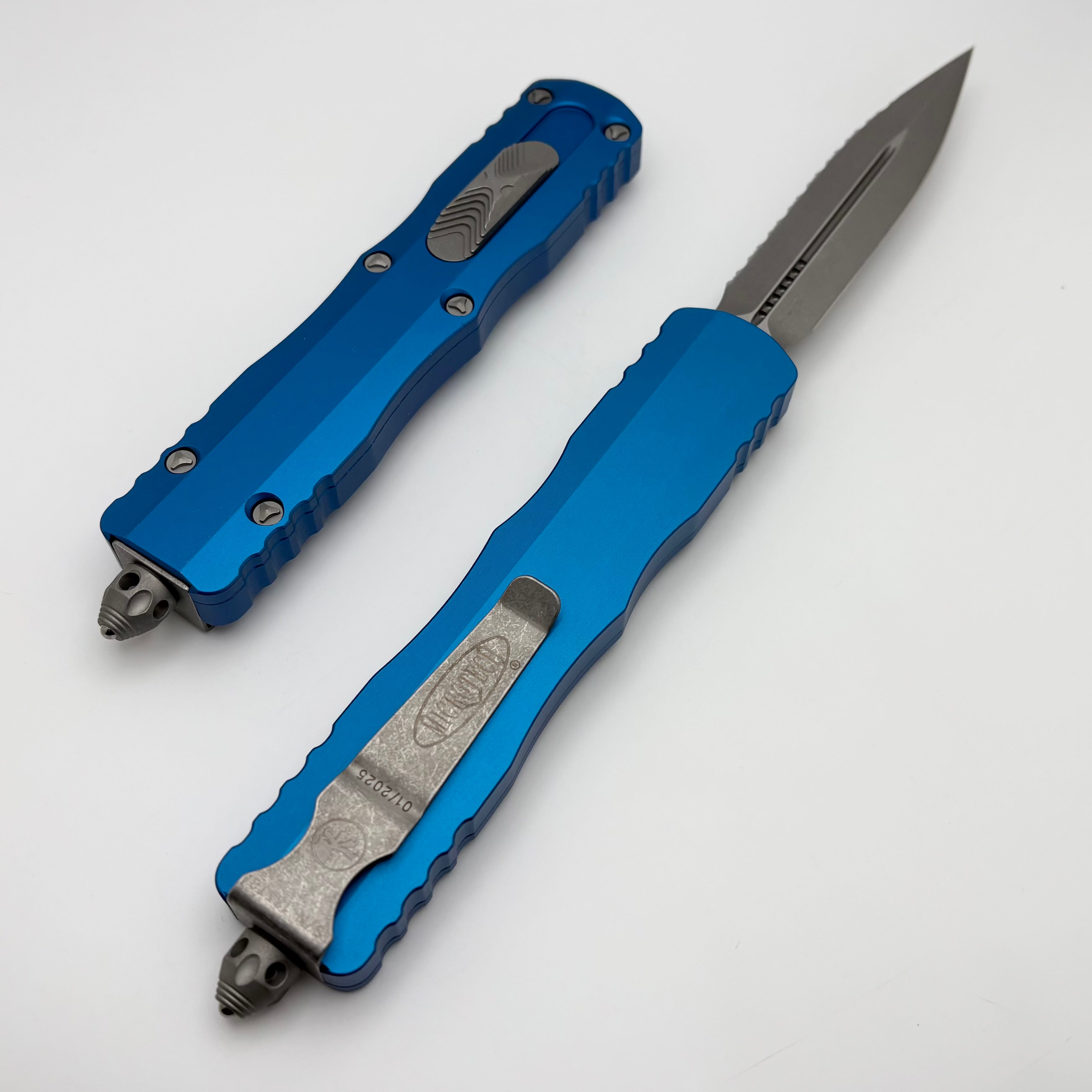 Premium Microtech Dirac Delta D/E Apocalyptic Full Serrated Knife with Blue Handles