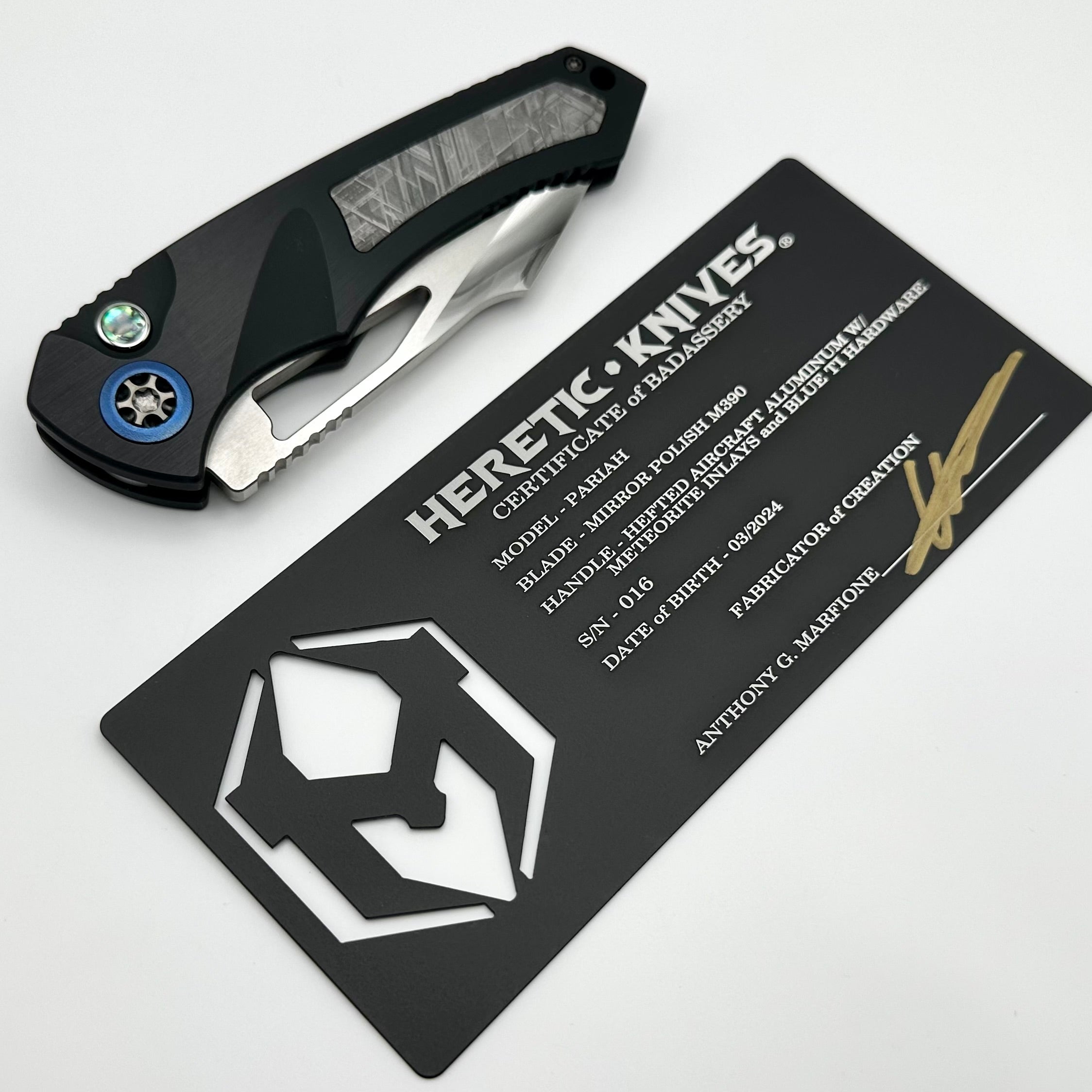 Premium Heretic Knives Pariah Custom Folding Knife with Meteorite Inlays & Mirror Polish M390 Blade