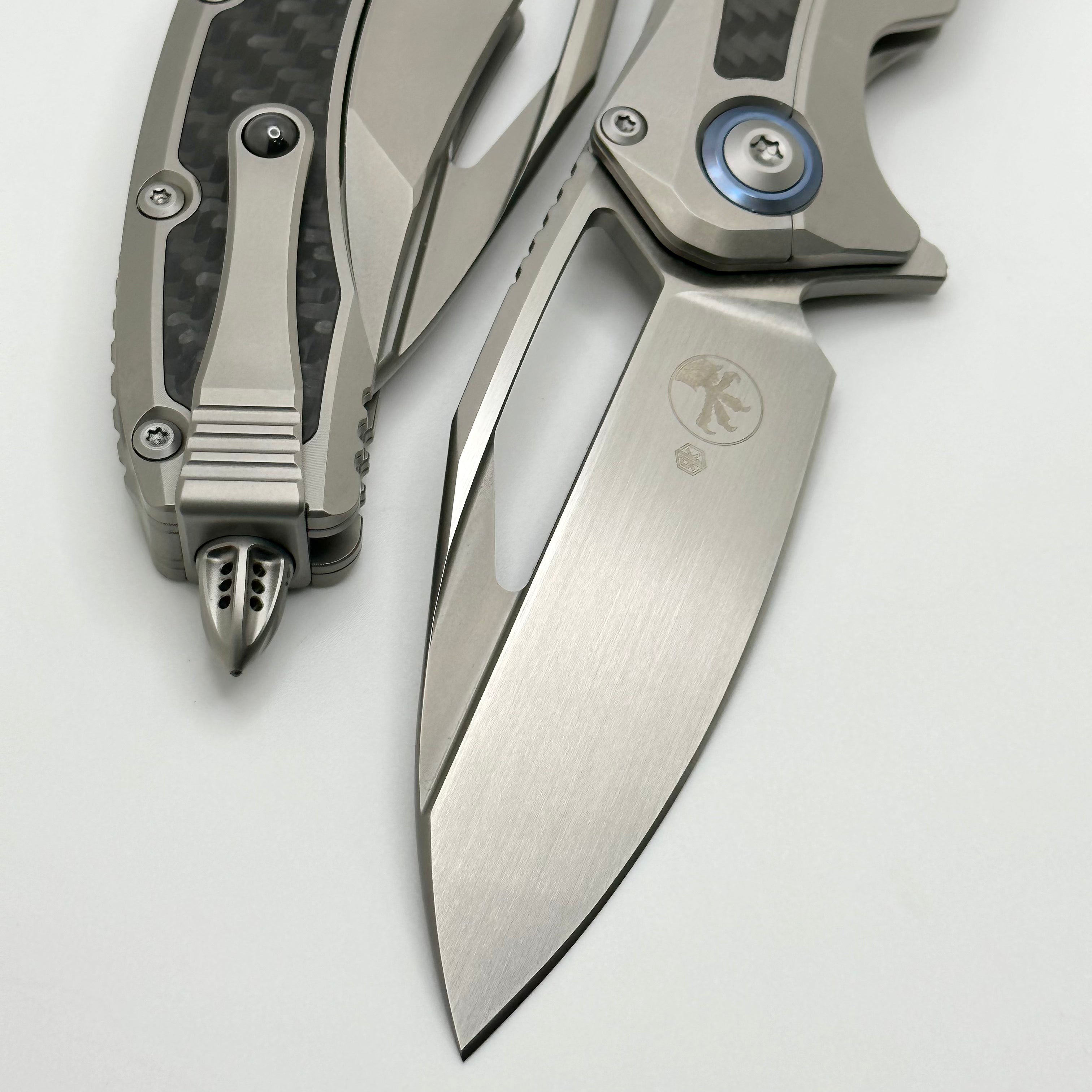 Premium Microtech Matrix Titanium Knife with Carbon Fiber Inlays & Blue Ti Pivot Collars