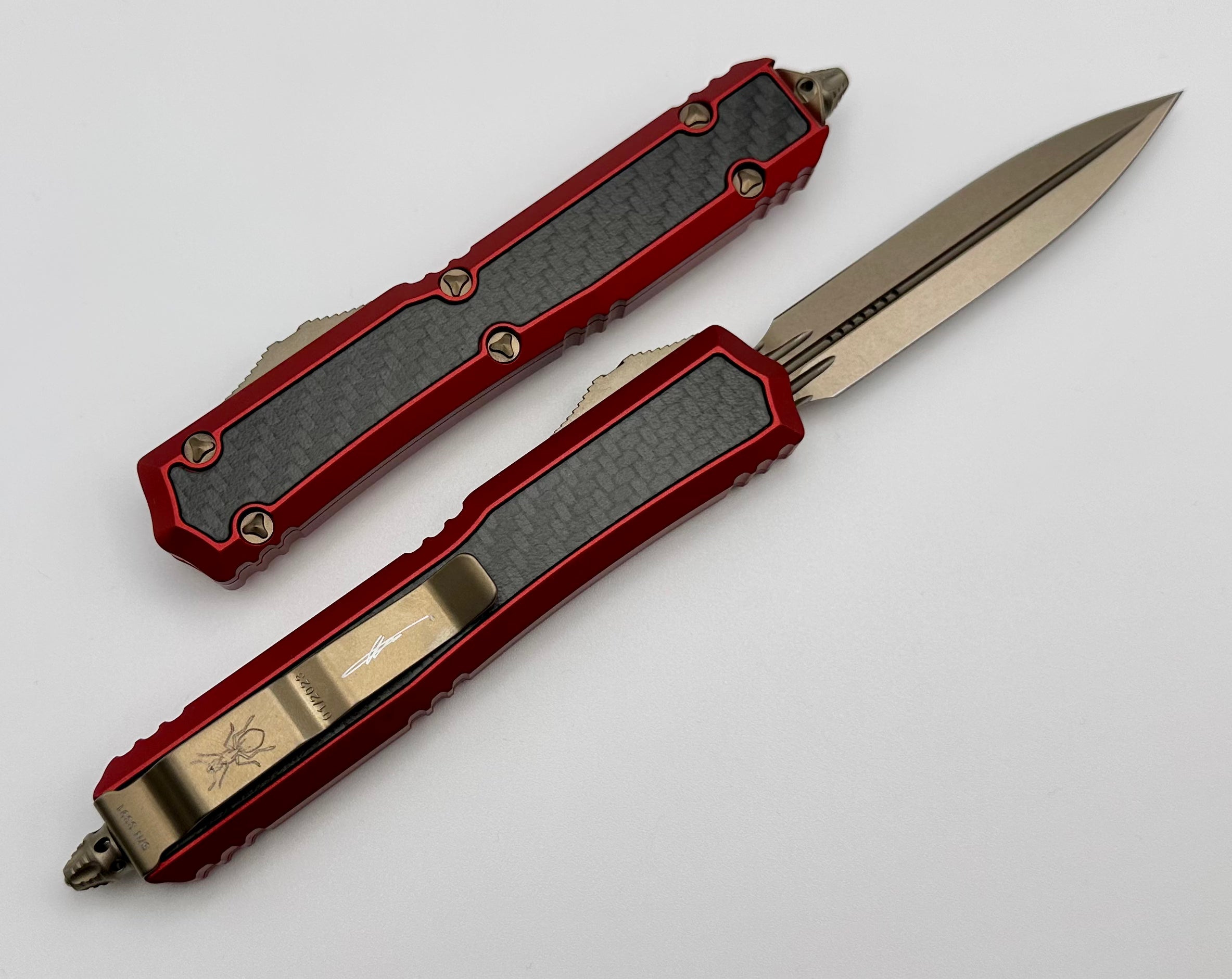 Premium Microtech Makora Bronze Double Edge Knife with Carbon Fiber Inlays & Red Accents