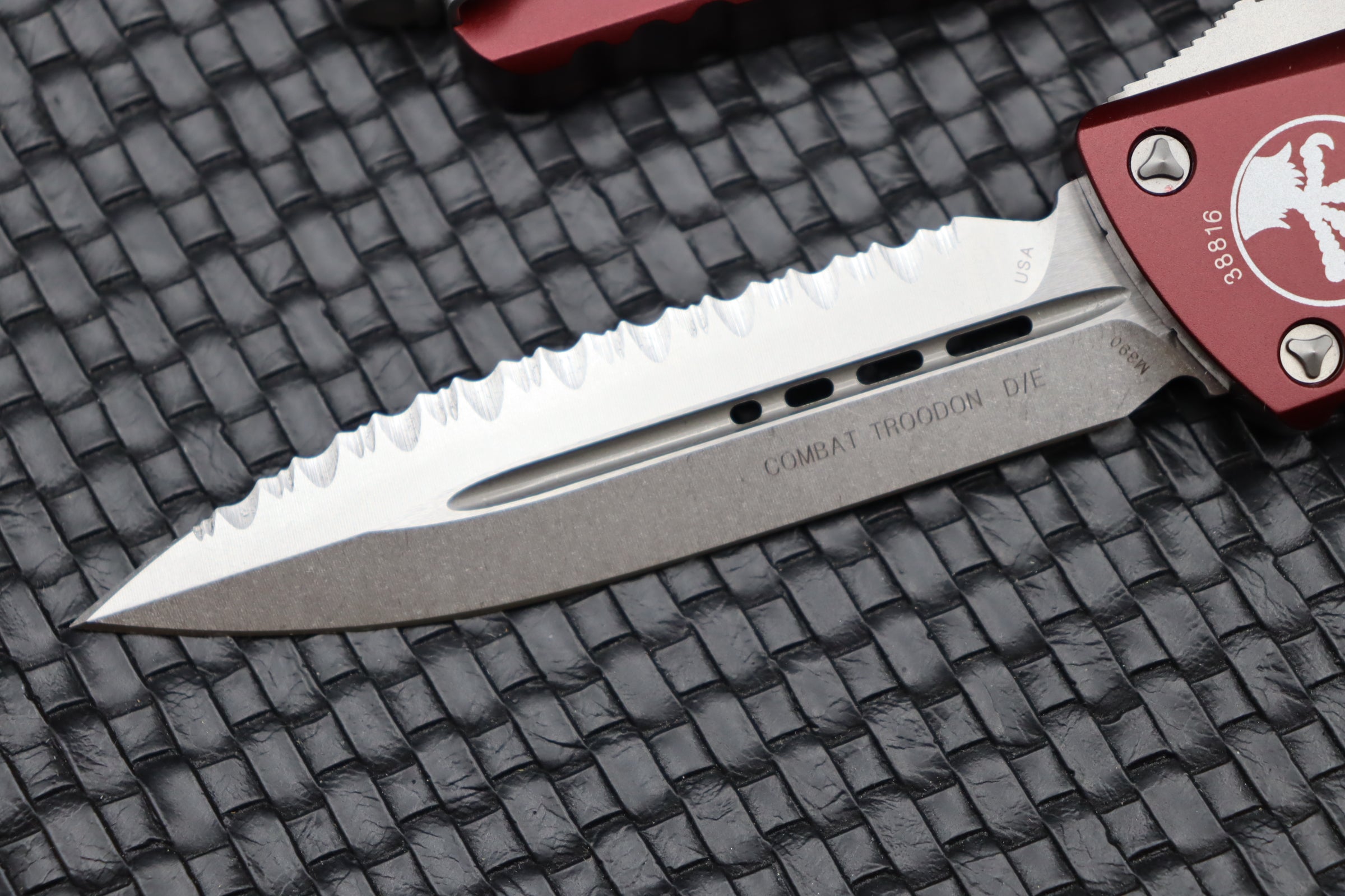 Microtech Combat Troodon Premium Double Edge Tactical Knife - Stonewash & Merlot Red