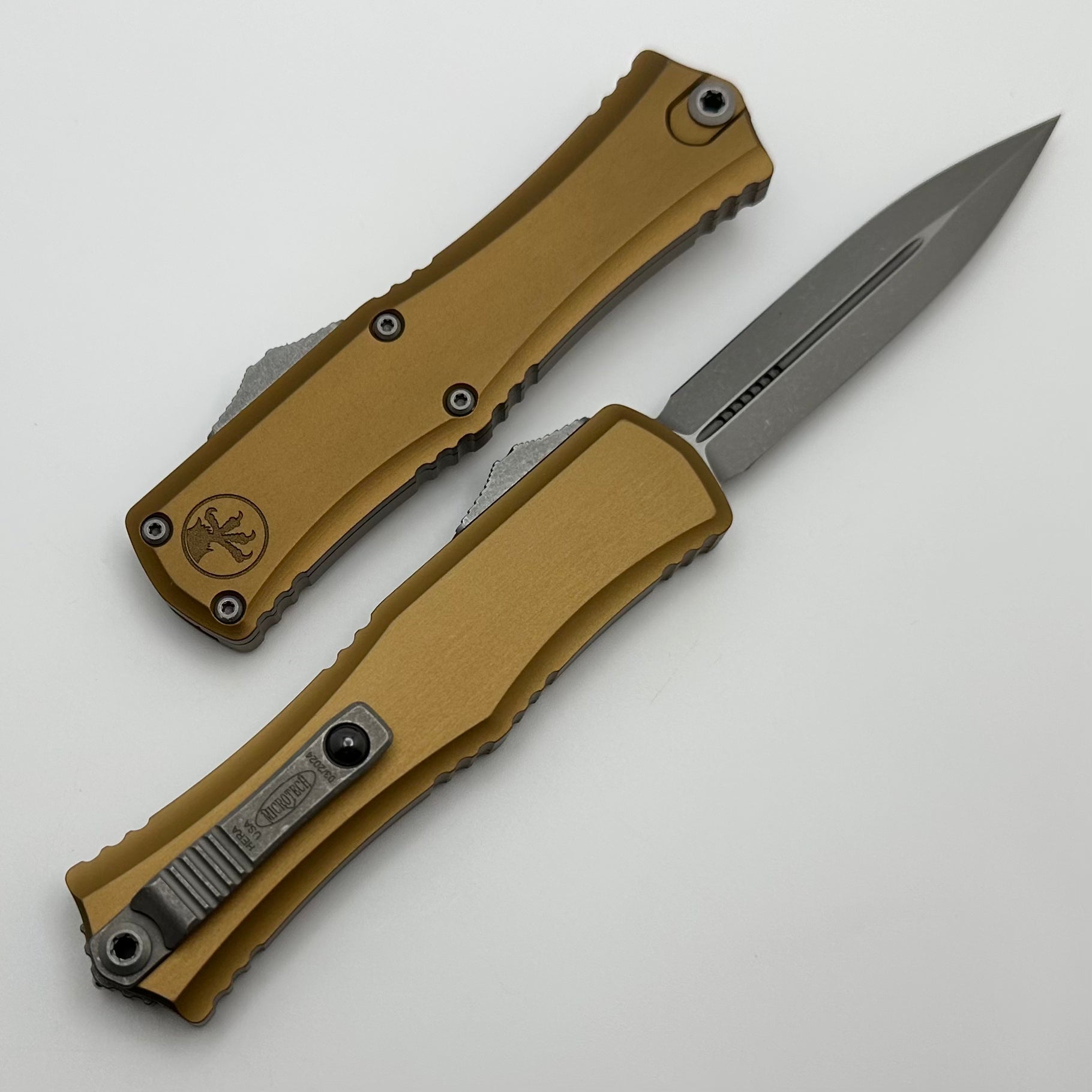 Microtech Mini Hera Apocalyptic OTF Knife - Premium M390MK Blade & Tan Aluminum Handle