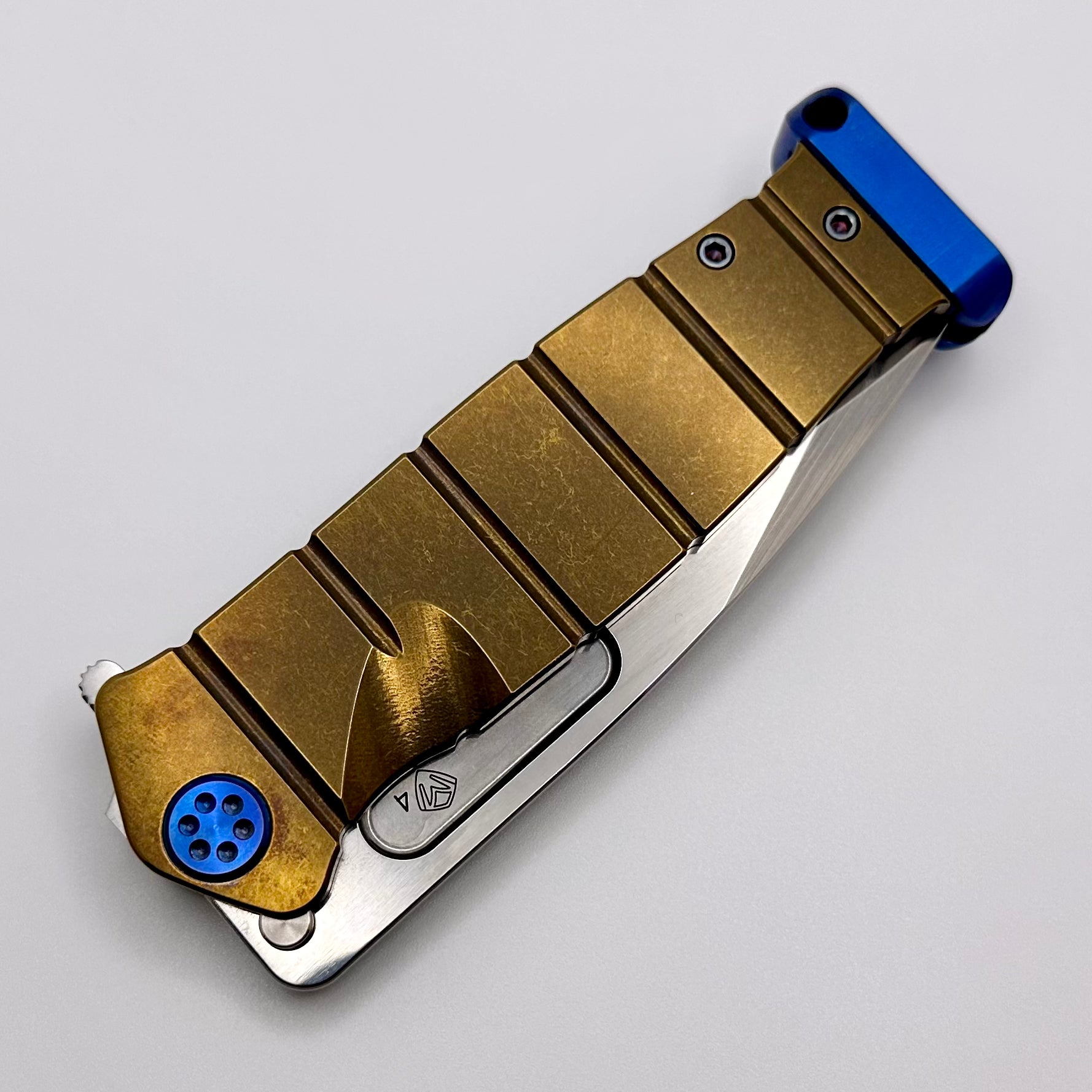 Medford Knife Fighter Flipper - Premium USMC Bronze Tactical Knife with Blue Accents & Tumbled S45VN Blade