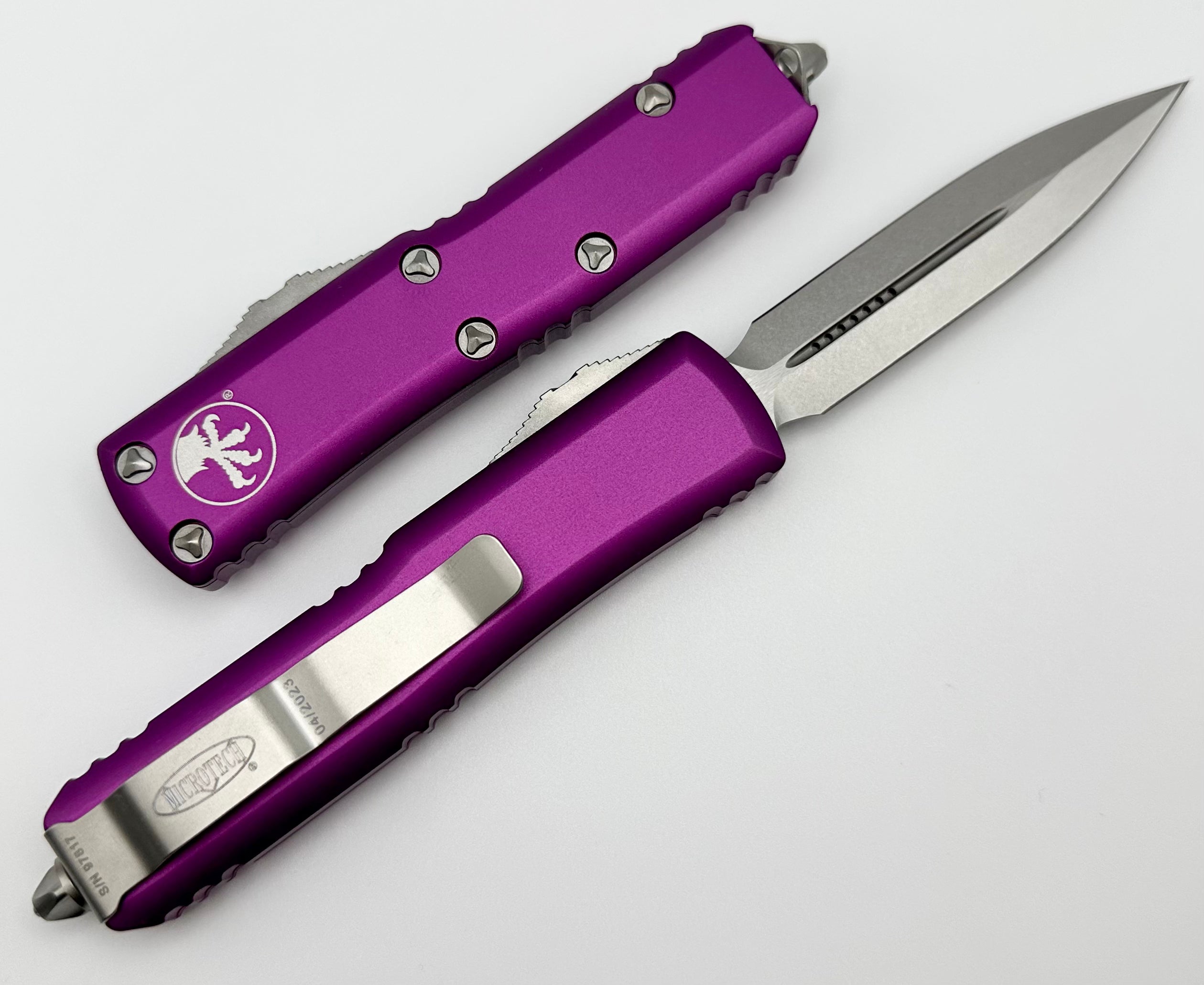 Microtech UTX-85 Premium Double Edge EDC Knife - Stonewash & Violet