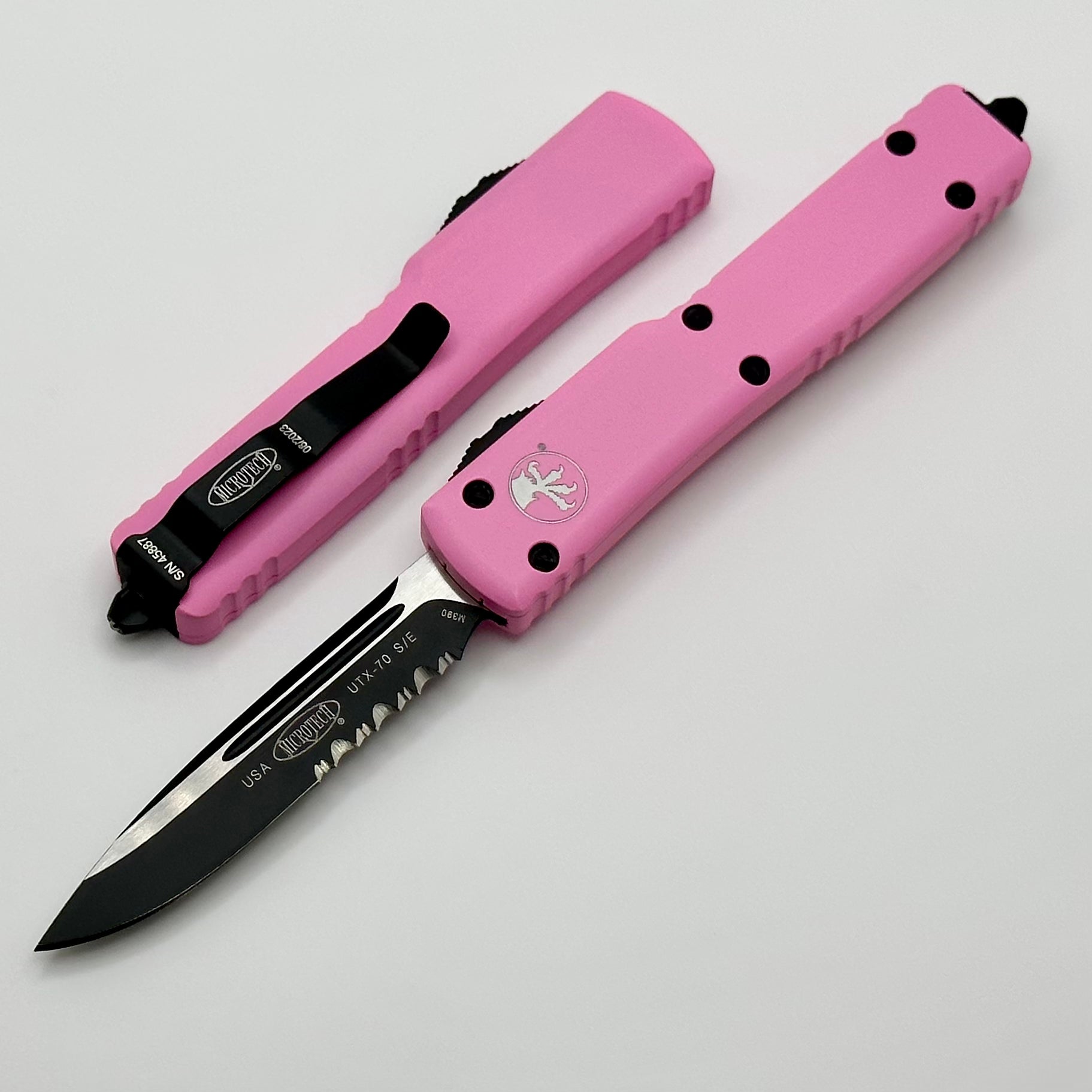 Microtech UTX-70 S/E Ultimate Tactical Knife - Black Partial Serrated & Blasted Pink