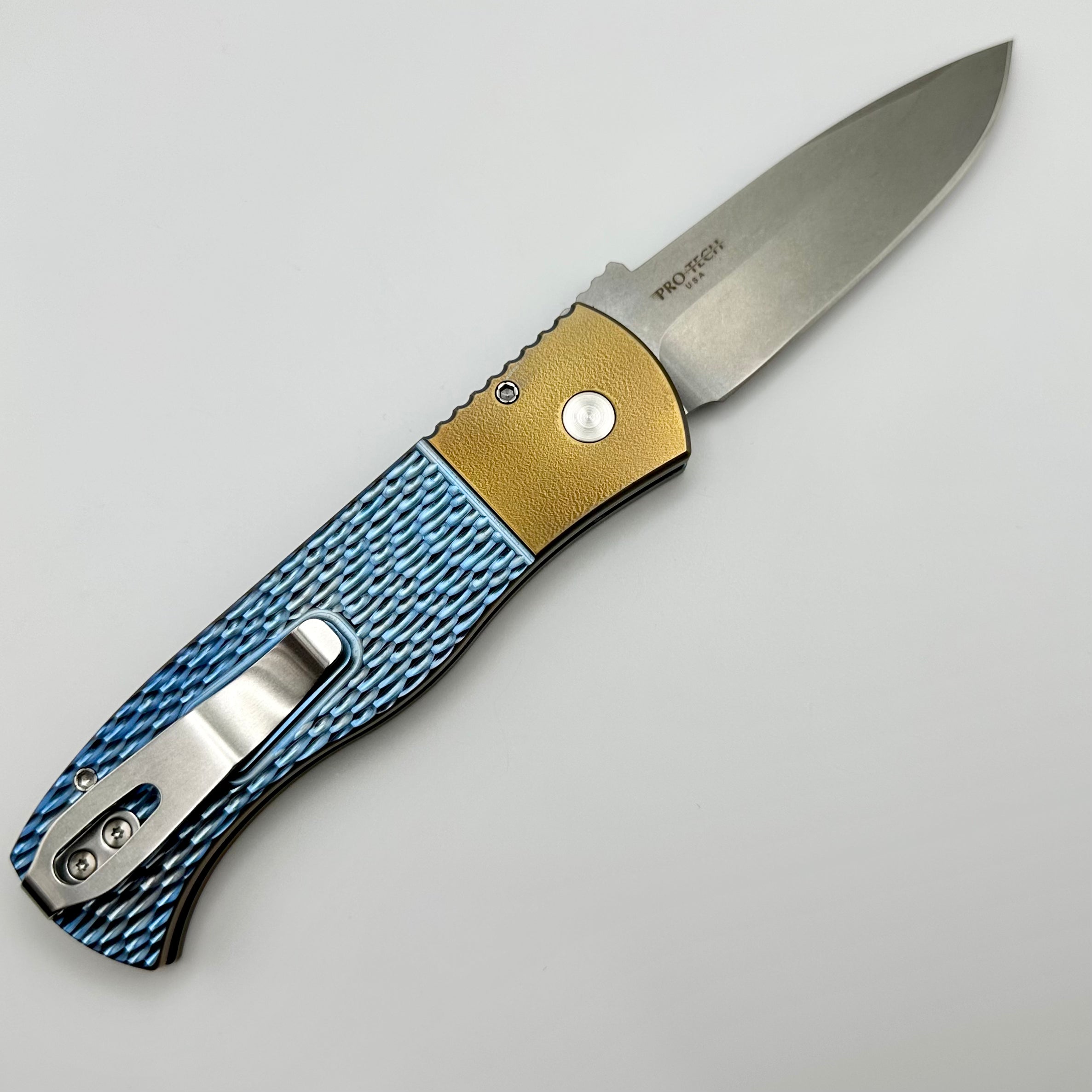 Ultimate Pro-Tech Emerson Custom Knife - Titanium Blue/Bronze Handle with Pearl Button & Stonewash 20CV Blade