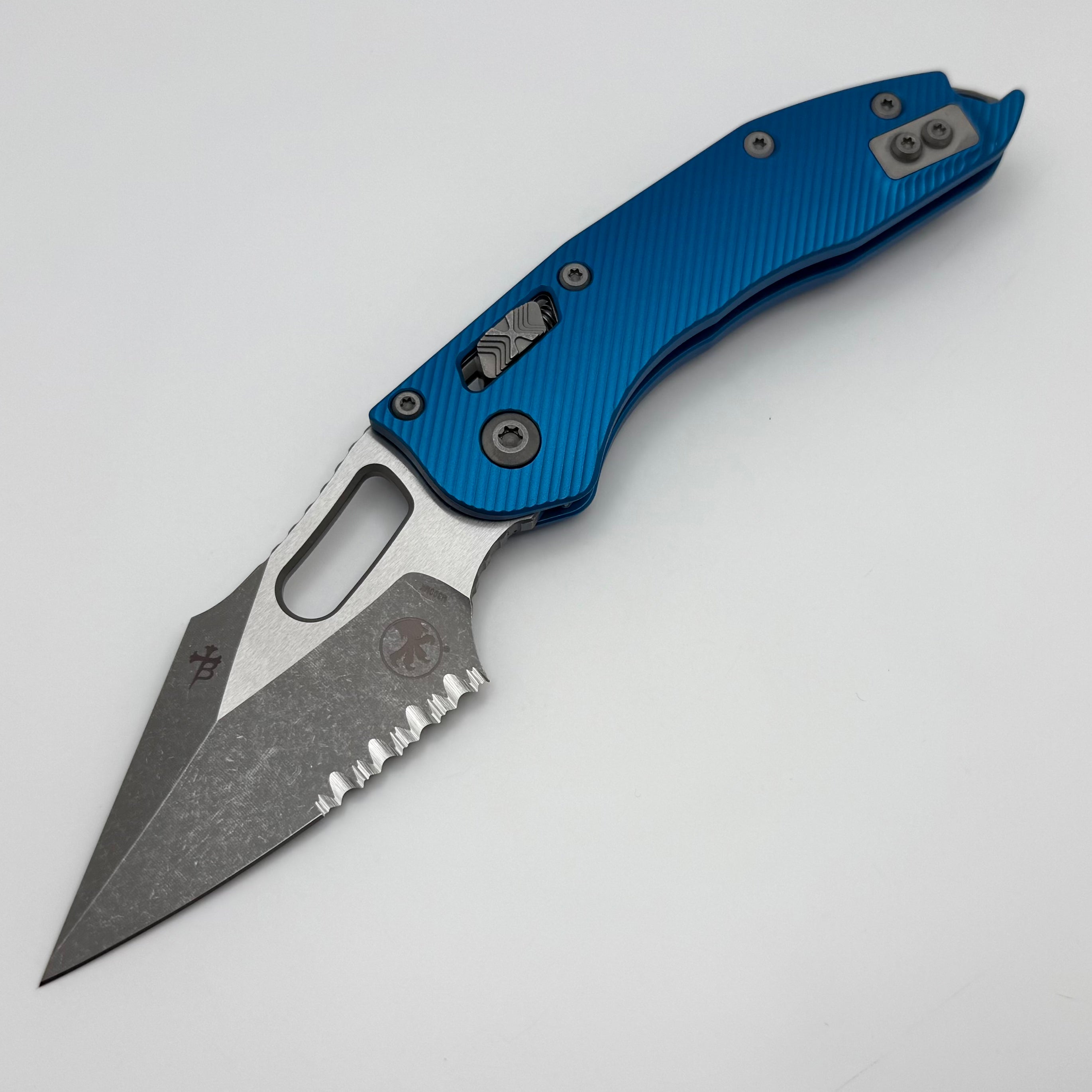 Premium Microtech Stitch RAM LOK Knife - Blue Aluminum, Serrated M390MK Blade