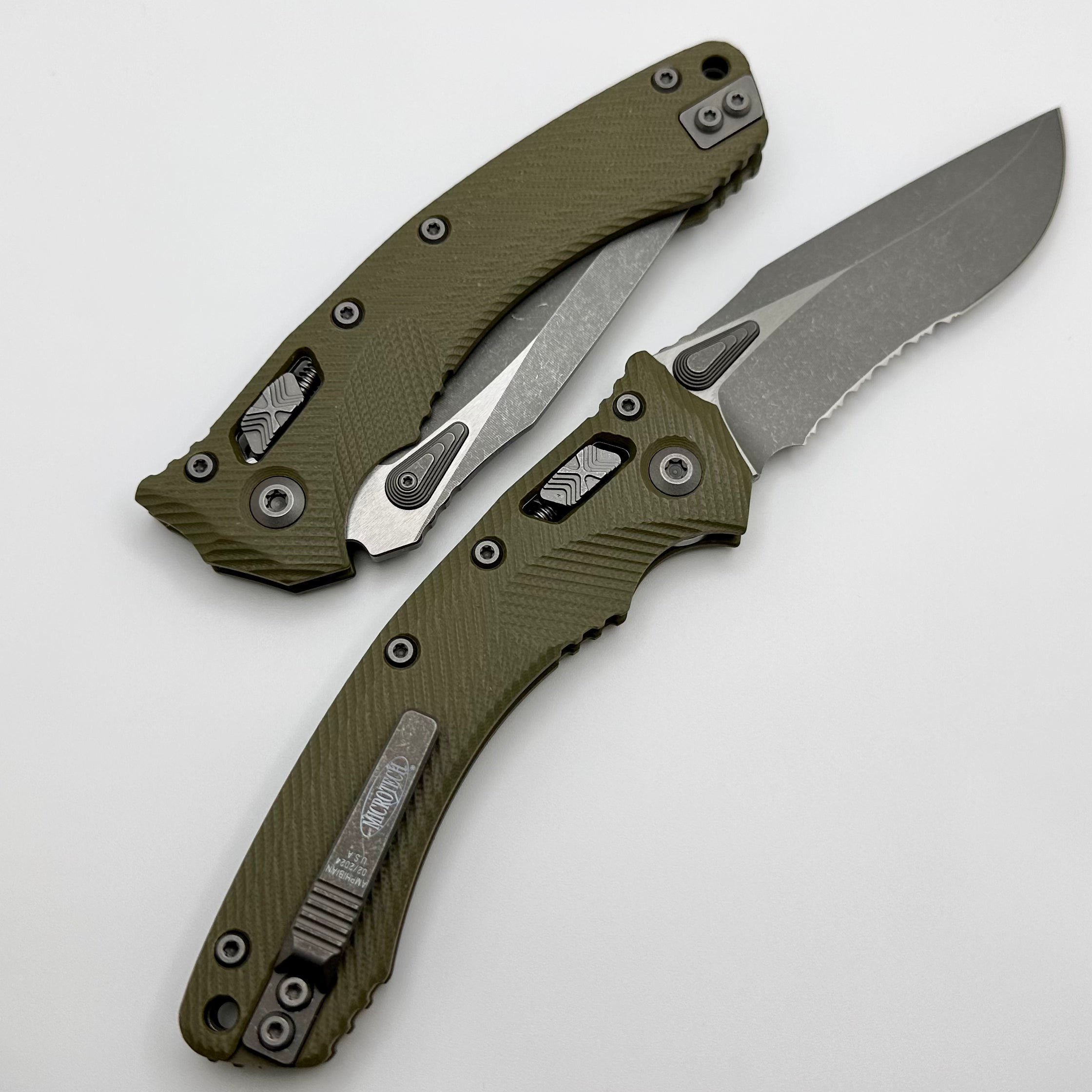 Microtech Amphibian RAM LOK Premium Tactical Knife - OD Green Fluted G-10 & Apocalyptic M390MK Blade