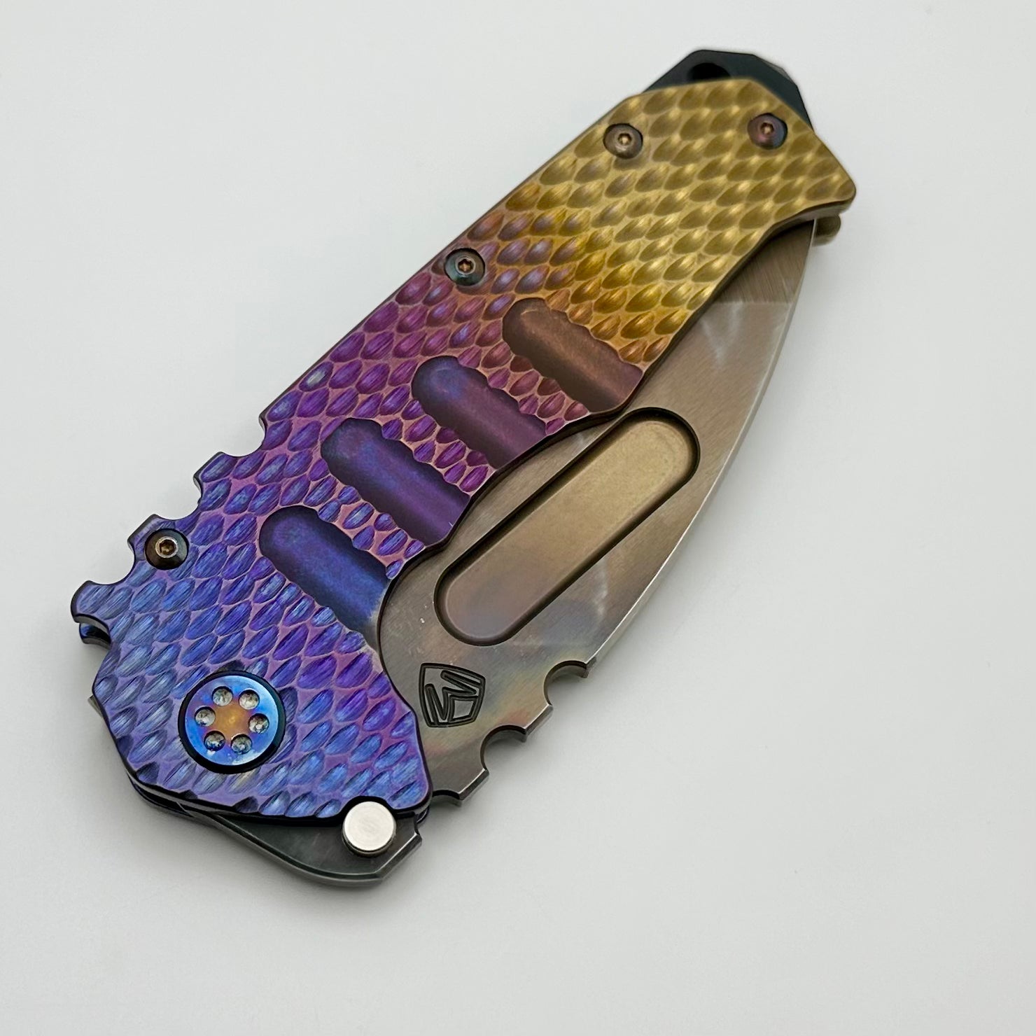 Medford Knife Praetorian T Vulcan S45 Tanto | Premium Bronze-Violet DragonSkin Handles with Flamed Hardware