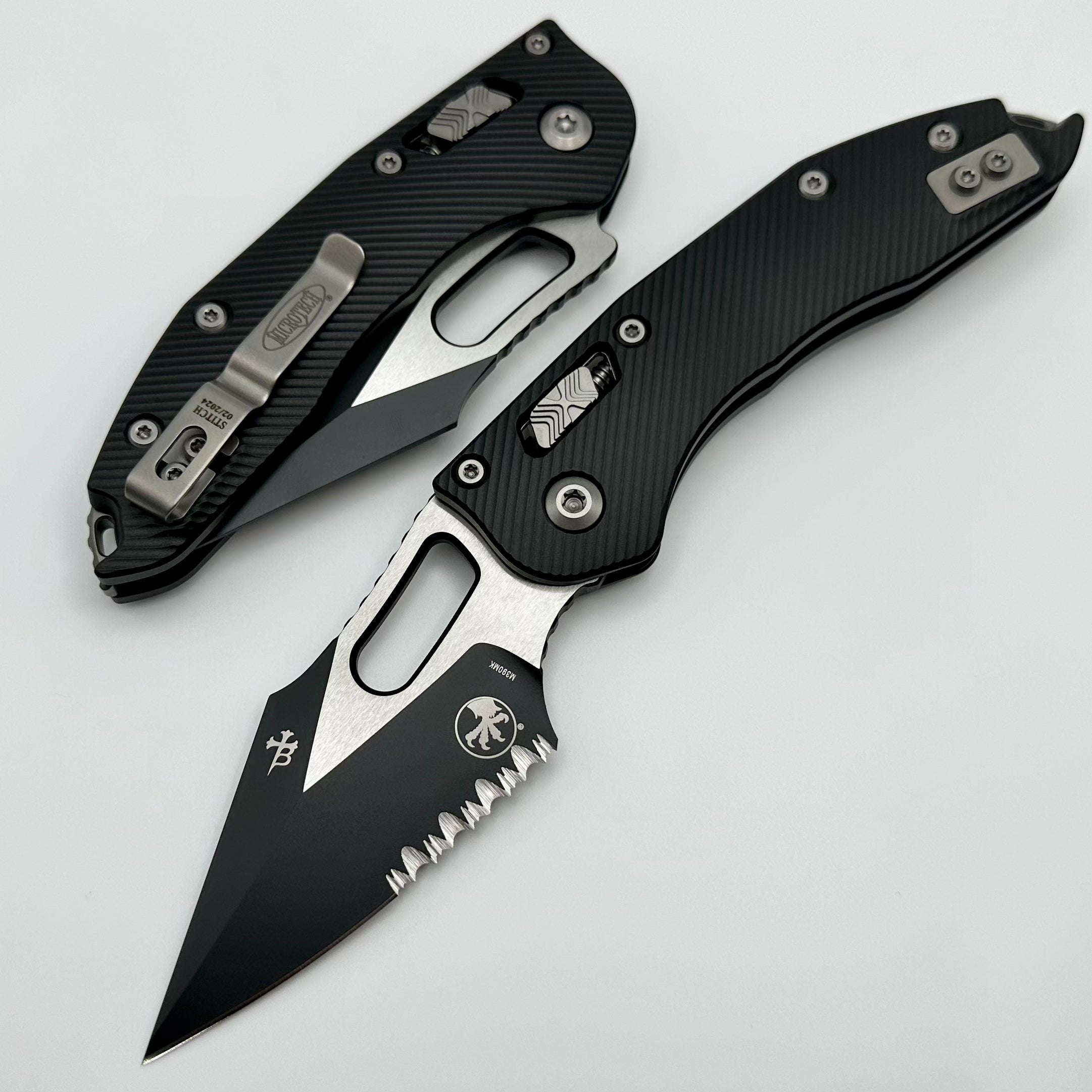 Premium Microtech Stitch RAM LOK Knife - Black Aluminum & Two-Tone Serrated Blade