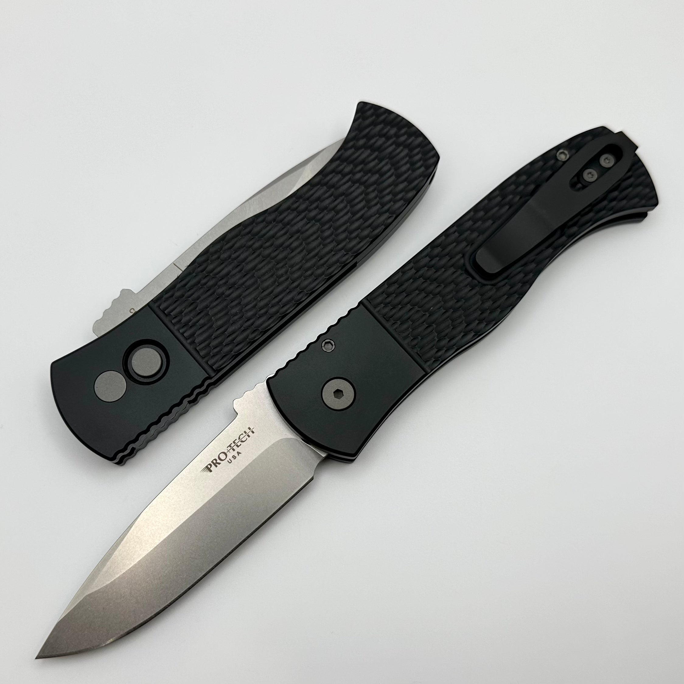 Pro-Tech Emerson CQC7 Auto Left Hand Tactical Knife - Premium Textured Black Handle with Stonewash 20CV Blade