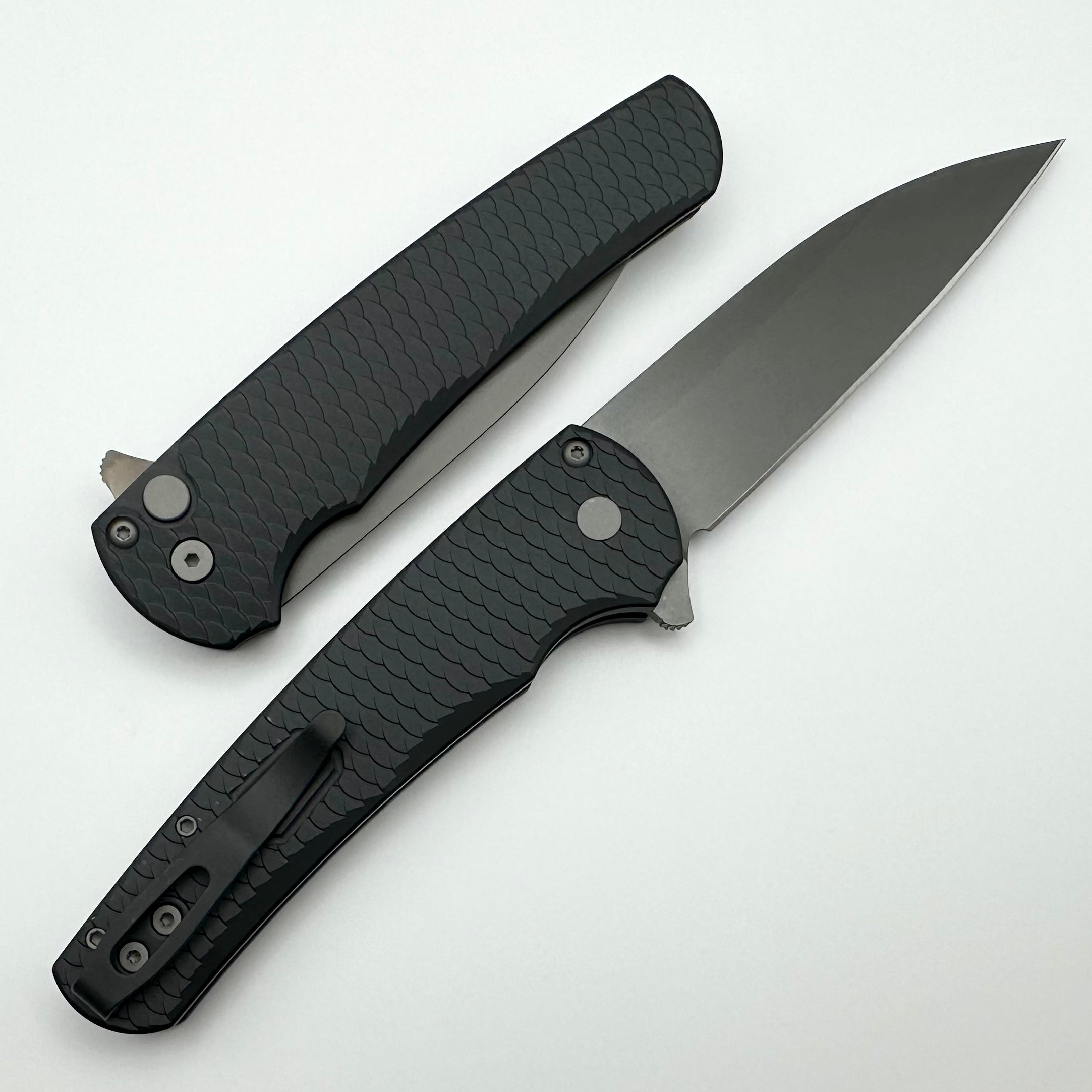 Pro-Tech Malibu Black Aluminum Dragon Scale Handle with Smokey Grey DLC MagnaCut Wharncliffe Blade | Premium 2023 Custom 017