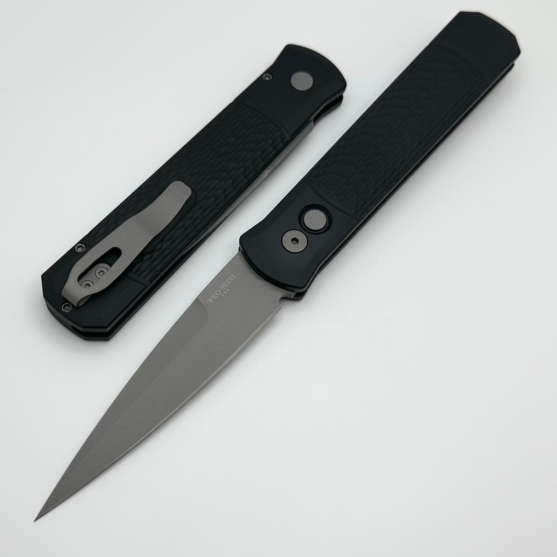 Pro-Tech Godfather Premium Automatic Knife - Black Jigged Handle & Blasted 154-CM Blade