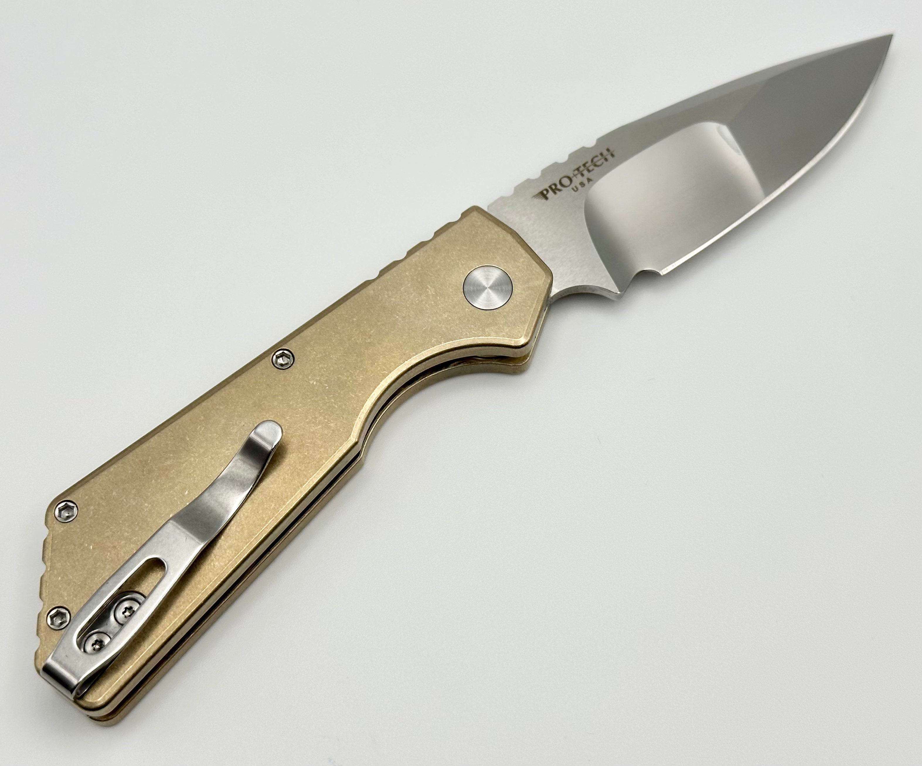 Pro-Tech PT Plus Ultimate Stonewash Knife | Aluminum/Bronze Handle & Mirrored Blade