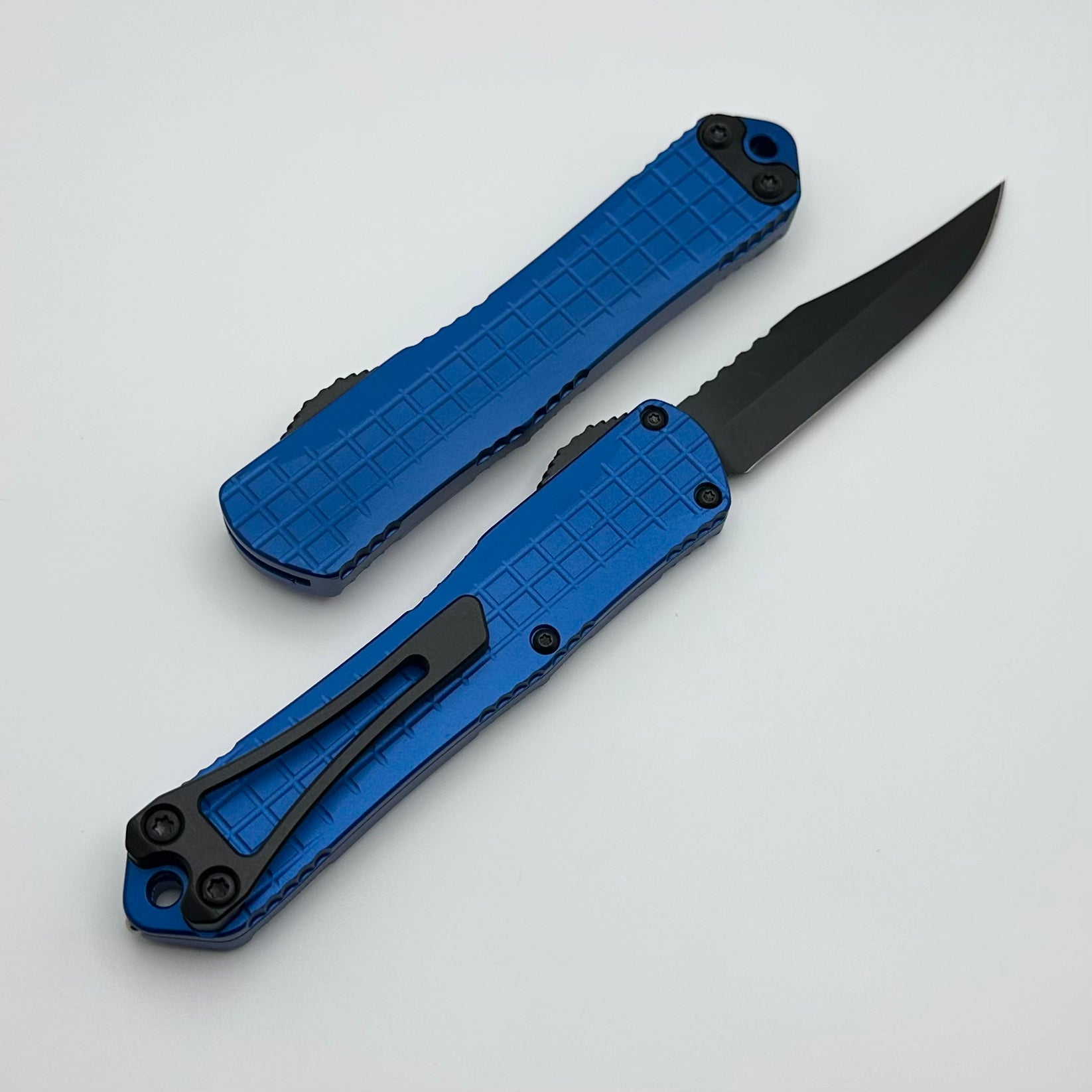 Heretic Knives Manticore S: Premium Compact OTF Knife in Blue Grenade Frag with DLC Bowie Magnacut Blade