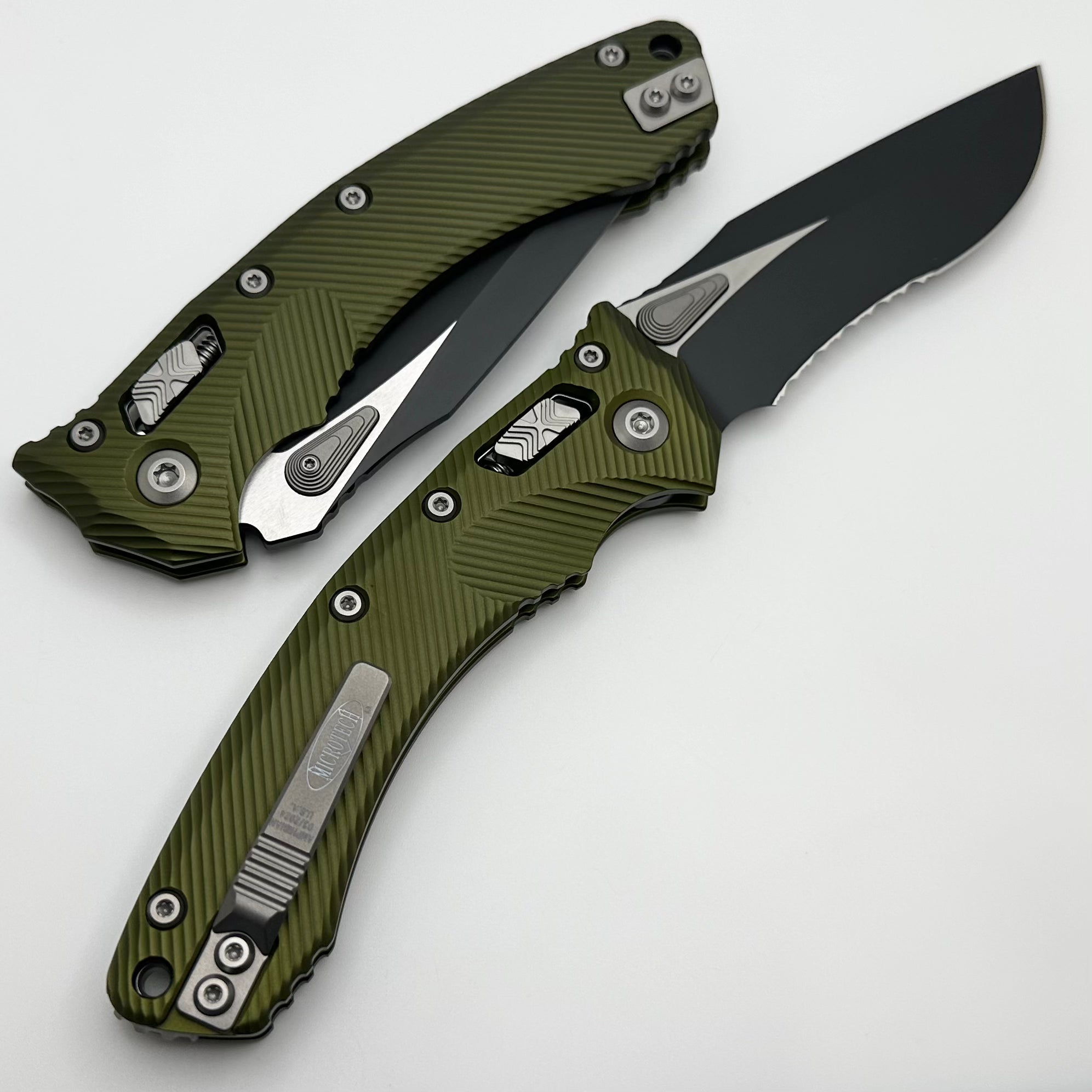 Microtech Amphibian RAM LOK OD Green Fluted Aluminum & Black Partial Serrated M390MK Knife