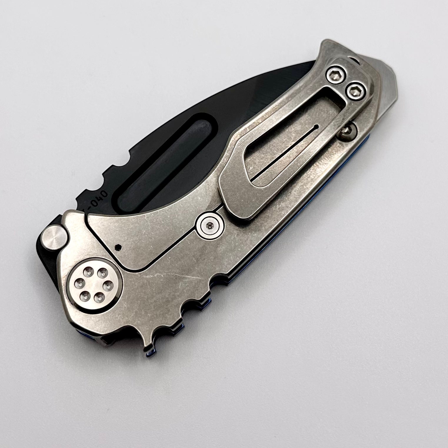 Premium Medford Micro Praetorian T - Compact PVD S35 Drop Point Knife with Blue/Tumbled Handles