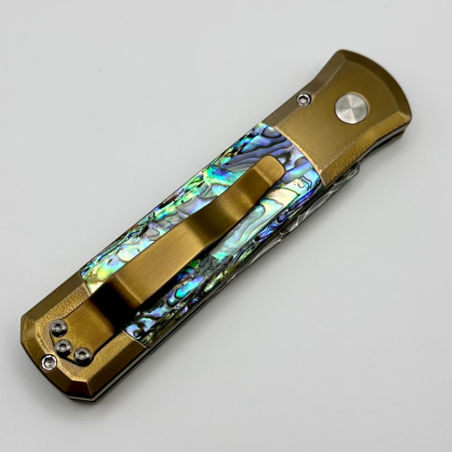 Pro-Tech Godson Bronze Titanium & Abalone Inlays with Vegas Forge Damascus Blade - Ultimate Custom Edition 2024