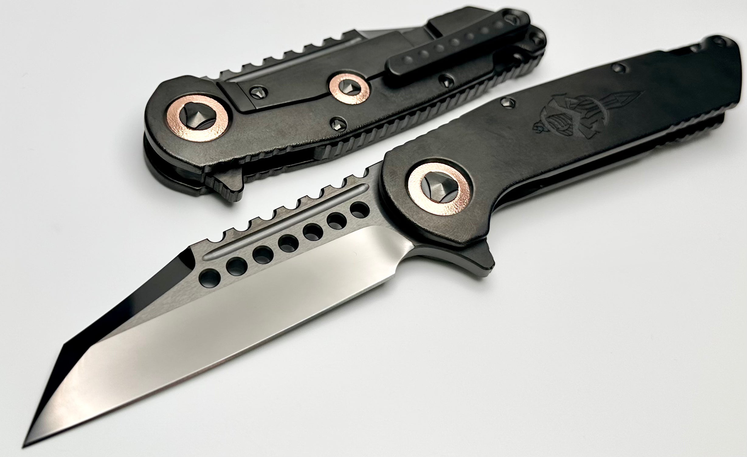 Marfione Custom Knives Warhound: Premium DLC Stonewash Titanium Folder with Deep Engraved Dagger Relief & CTS-204P Blade