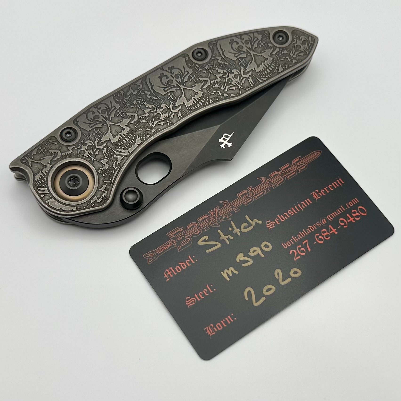 Borka Blades & Ti2 Design Skulls Stitch Knife - Premium M390 Steel with Bronze Pivot Collars & DLC Finish