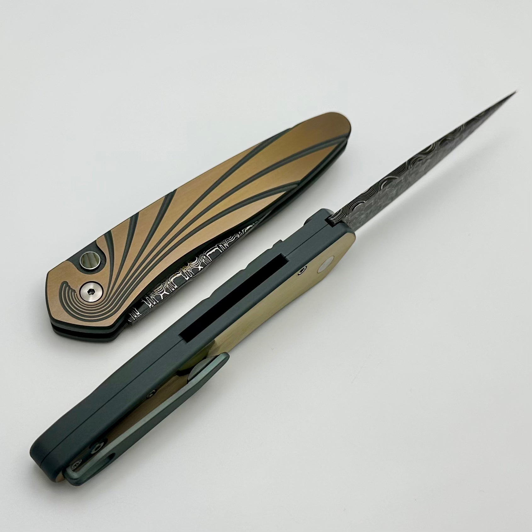 Ultimate Pro-Tech Newport Custom Knife - Green/Bronze Titanium with Abalone Button & Damascus Blade