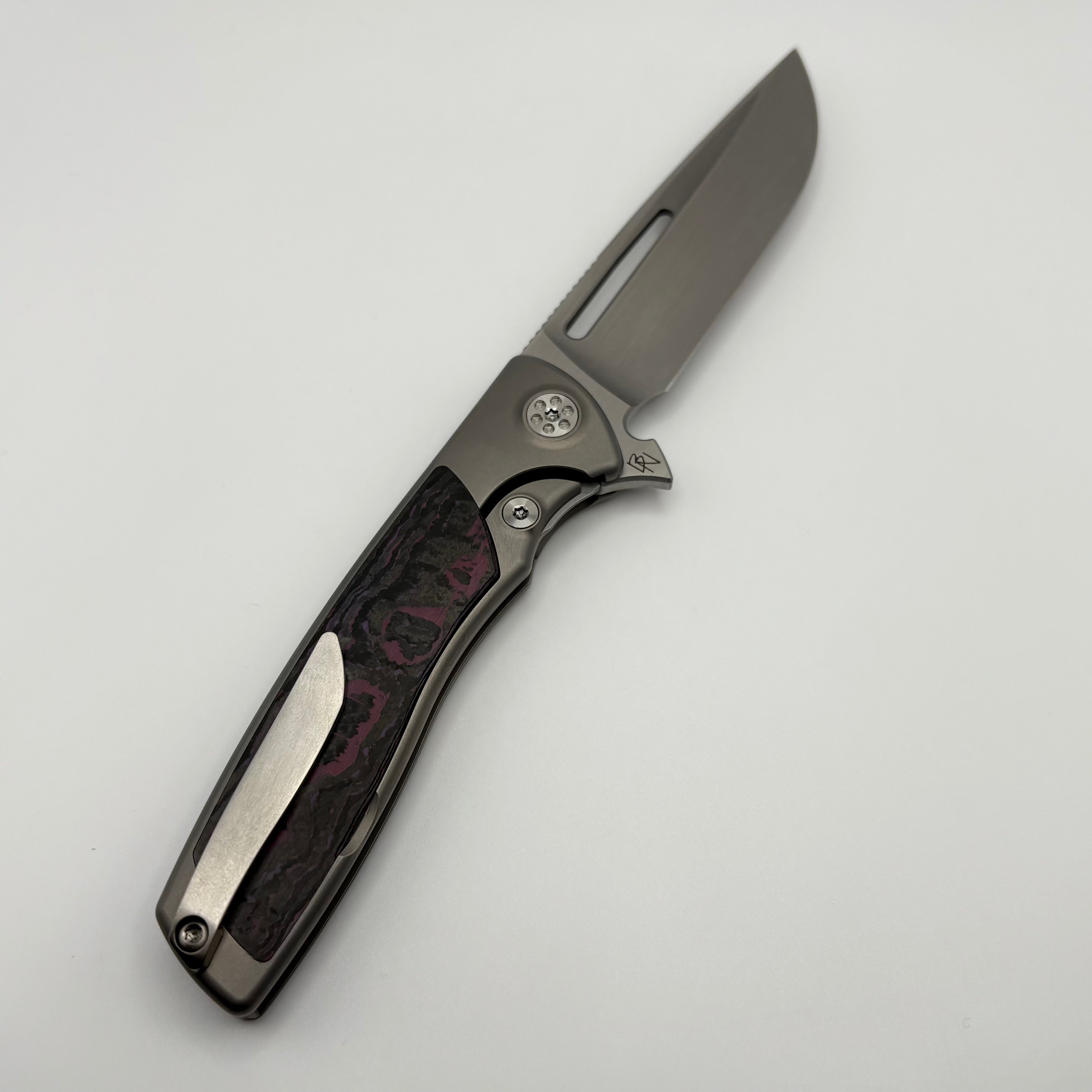 Premium Pre-Owned SharpByDesign Mini Evo: Purple Haze Fat Carbon & M390 Drop Point Knife