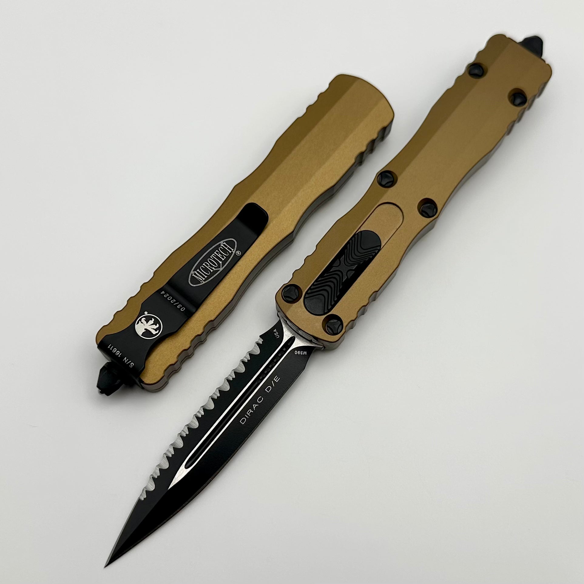 Microtech Dirac Double Edge Tactical Knife - Black Full Serrated & Tan Finish