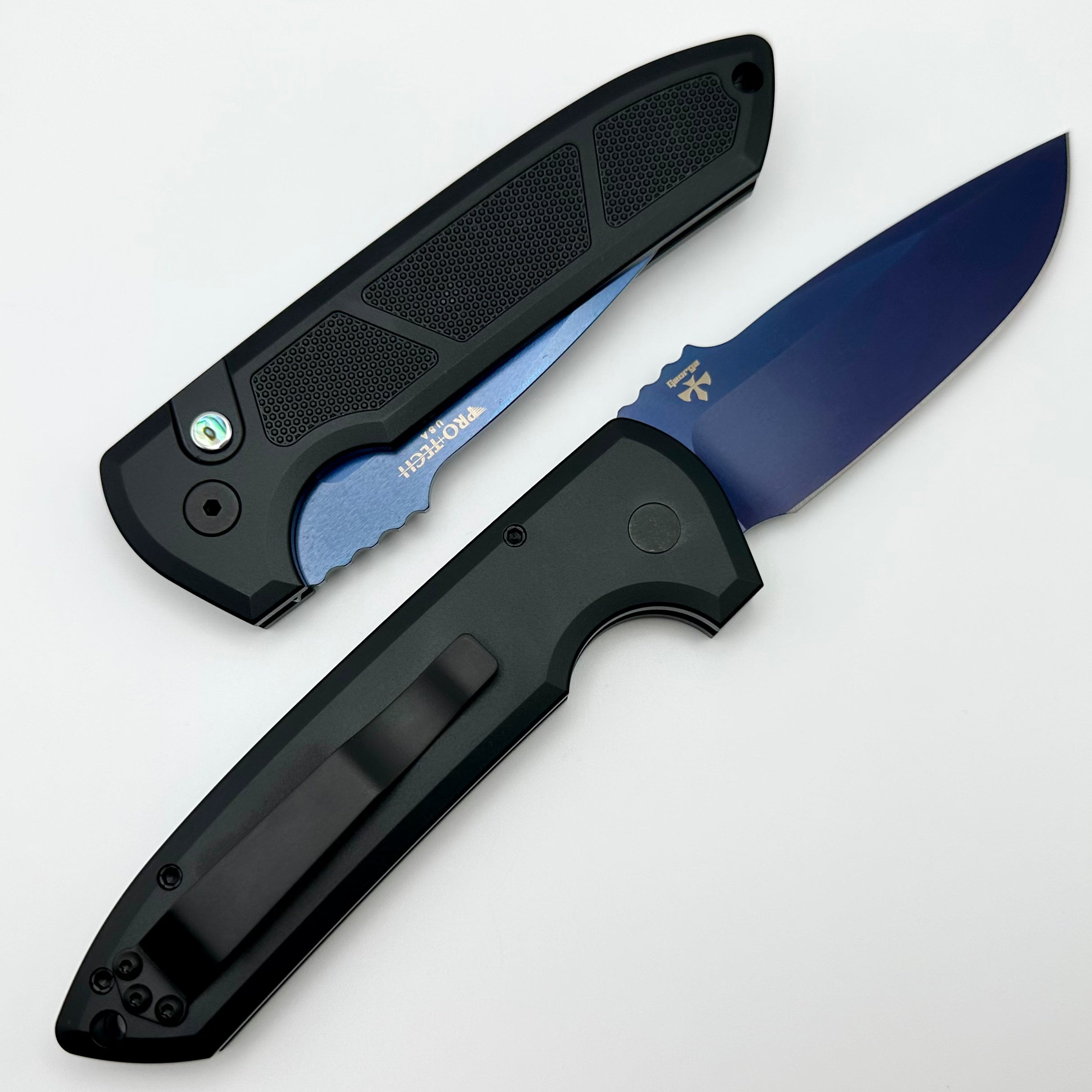 Pro-Tech Les George Rockeye: Premium Tactical Knife with Black Knurled Handle & Sapphire Blue CPM-S35VN Blade