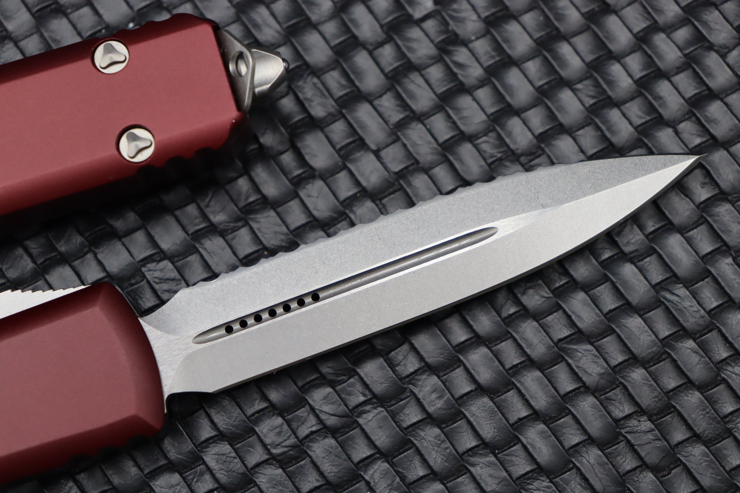 Premium Microtech Ultratech Double Edge Knife - Stonewash & Merlot Finish