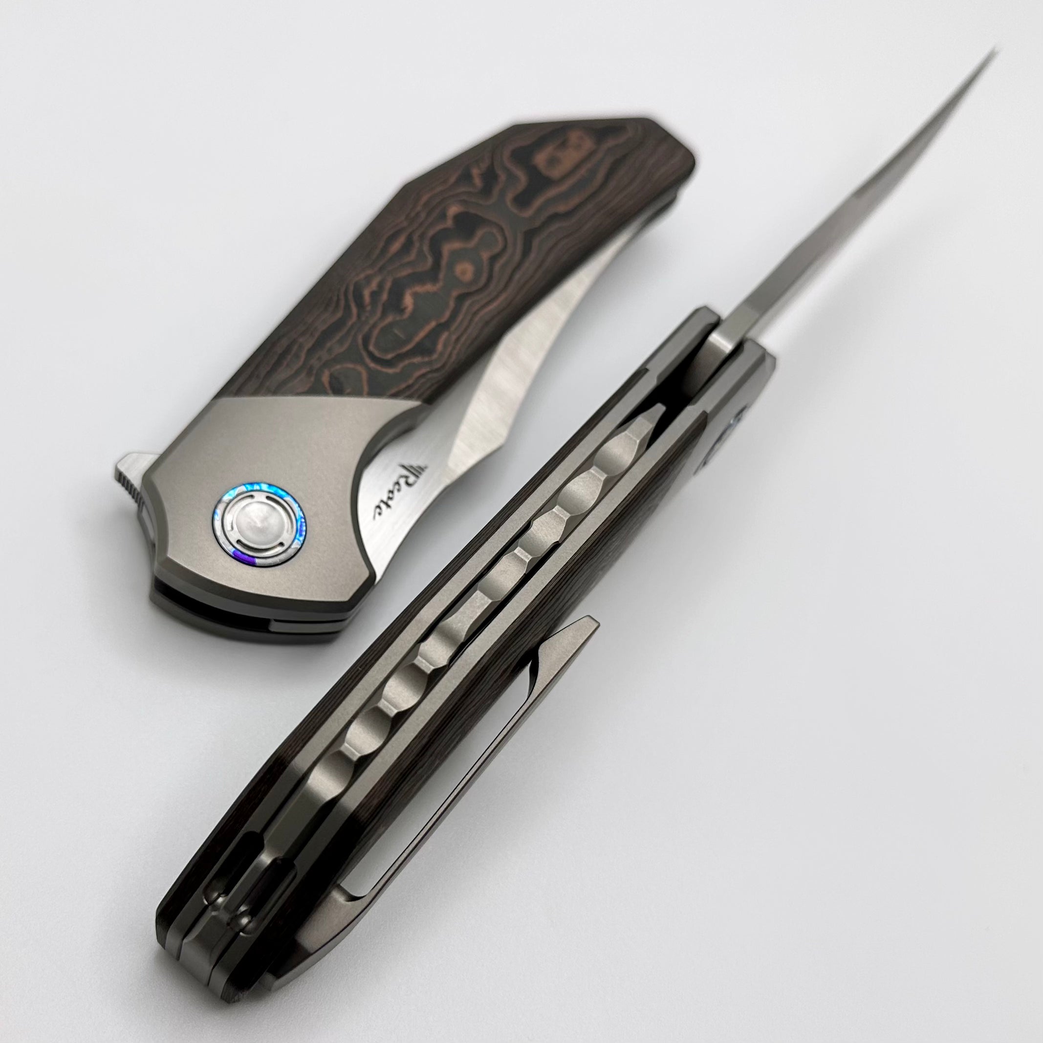 Reate Knives Premium Tiger Copper Camo Folding Knife - M390 Steel & Fat Carbon Handle
